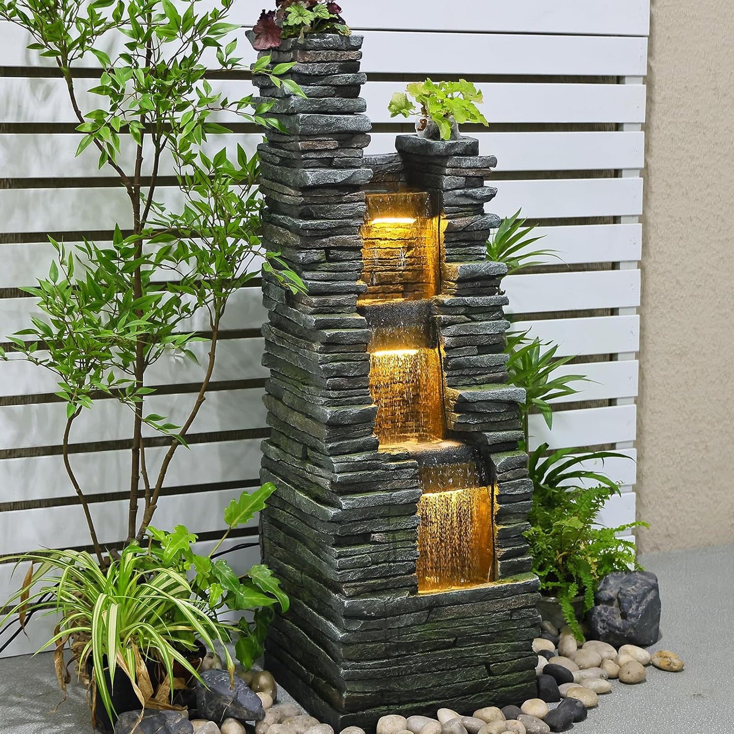 47 in High Water Fountain Outdoor Garden 3 Tier Cascading Large Outdoor Fountains and Waterfalls with LED Lights for Garden, Patio, Backyard, Deck, Porch and Home Art Decor, Natural Stones