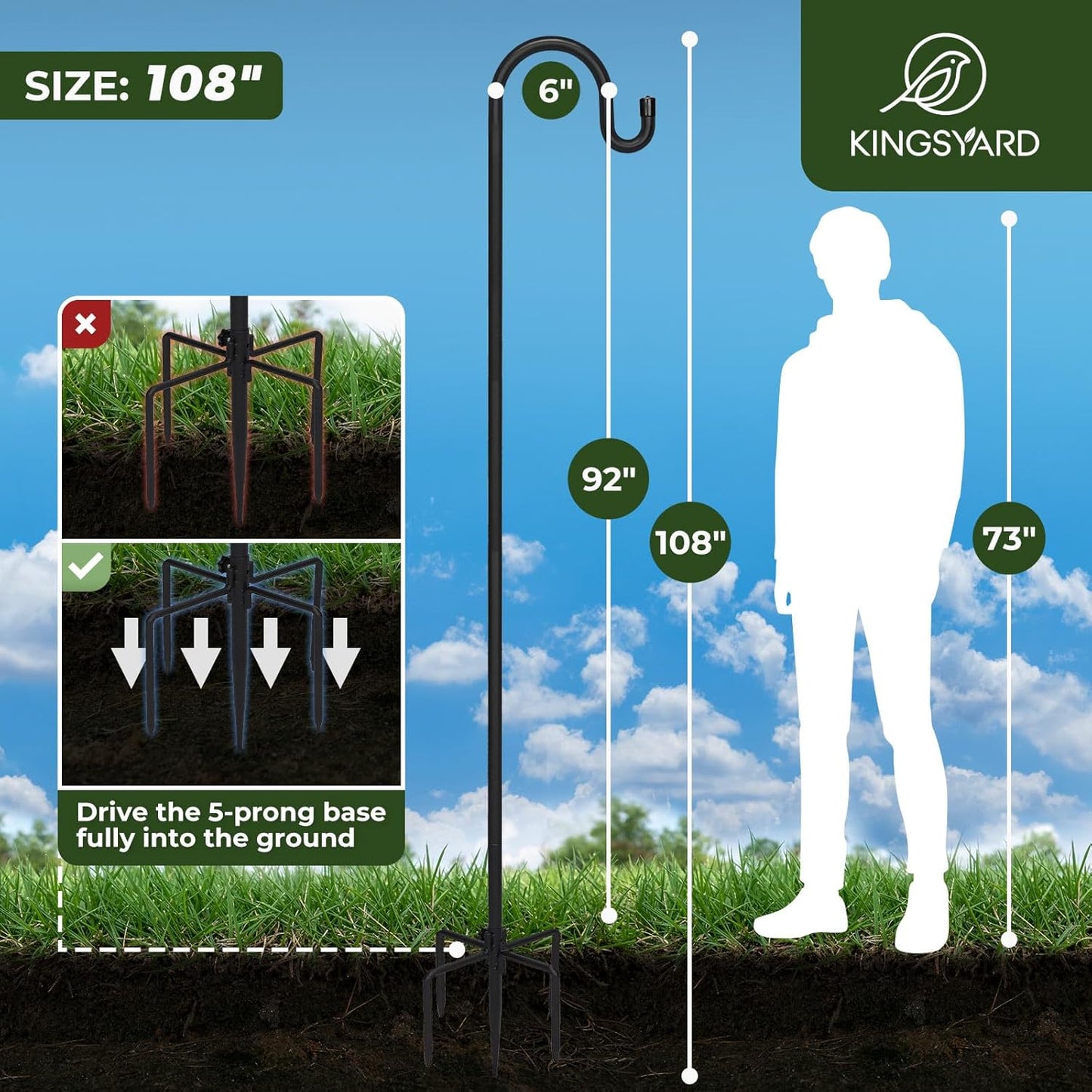 Kingsyard 2 Pack Adjustable Shepherd Hooks for Outdoor - 60 INCH Heavy Duty Bird Feeder Pole with 5 Prong Base, Hummingbird Feeder Stand, Garden Plant Baskets, Weddings Decor, Solar Light Lanterns