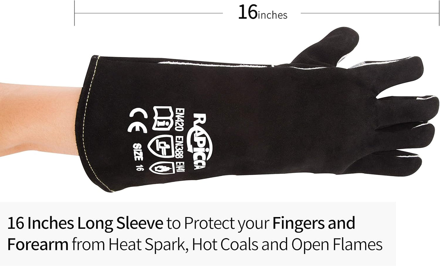 RAPICCA Welding Gloves Fire Heat Resistant: Black 16IN - Fireproof Leather For Stick Mig Flux-Core Welder Forge Blacksmith Fireplace Wood Stove Fire Pit Furnace Handling Dry ice - One Size 662℉