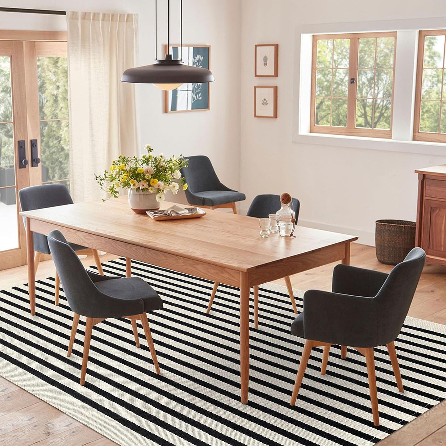 IOHOUZE Black Beige Striped Rug -5'x8' Indoor Outdoor Rug, Washable Area Rug for Living Room, Large Patio Rug, Cotton Striped Rugs for Patio Living Room Bedroom