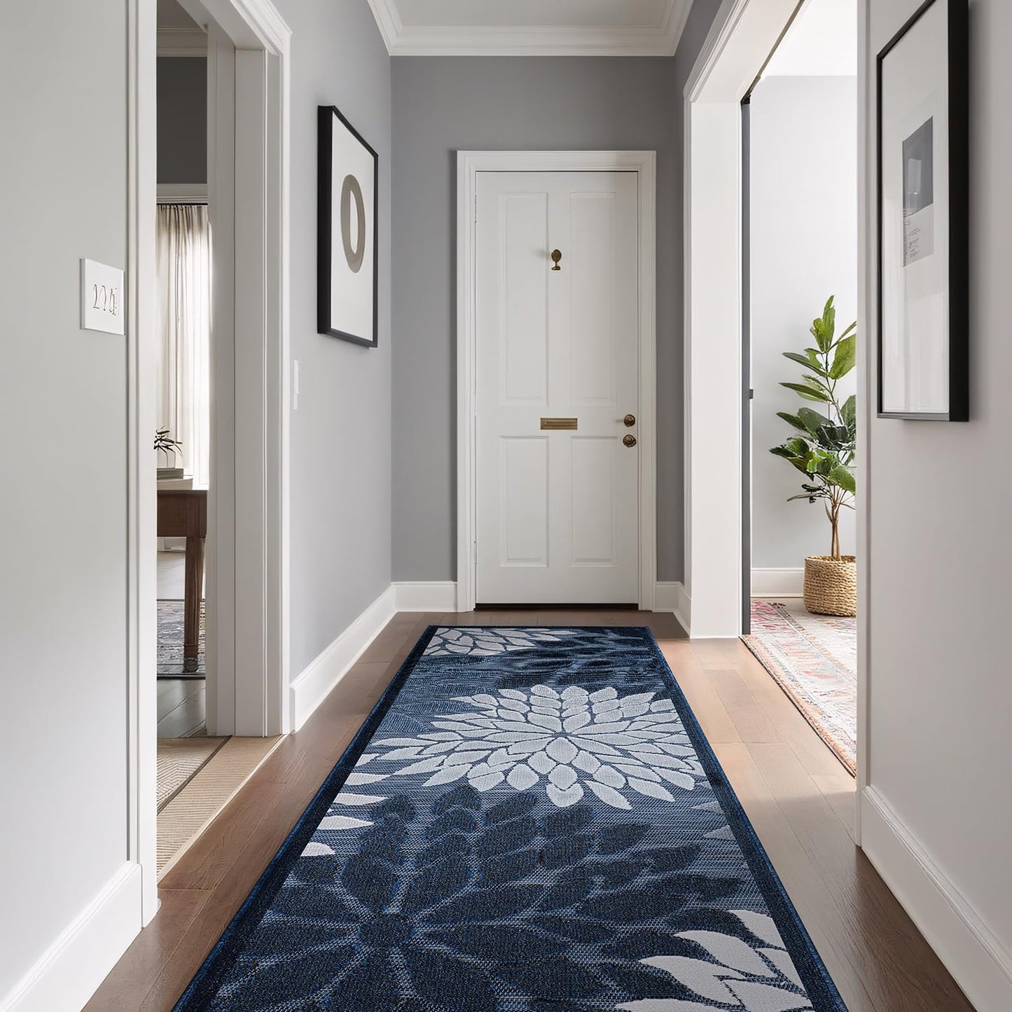 Beverly Rug Outdoor Runner Rug 2x7 Modern Floral Tropical Area Rugs for Indoor and Outdoor Patio Easy to Clean Non Shedding Living Room Porch Garden Washable Outside Carpet (2 x 7 Navy Blue)