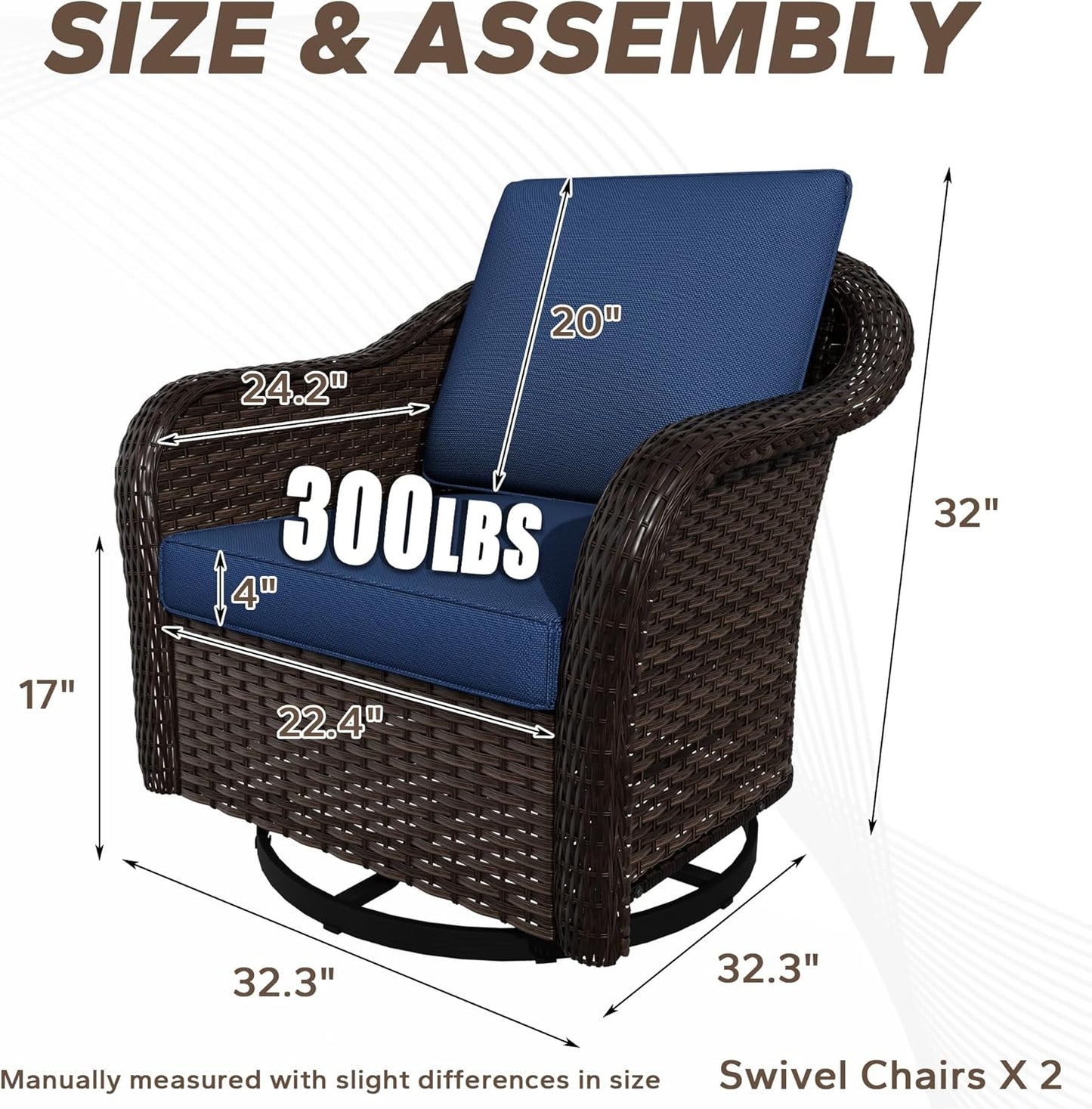 Outdoor Wicker 360 Degree Swivel Glider Rocker Chairs Set, Patio Conversation Furniture Set with Washable Cushions for Garden, Poolside (Navy Blue)