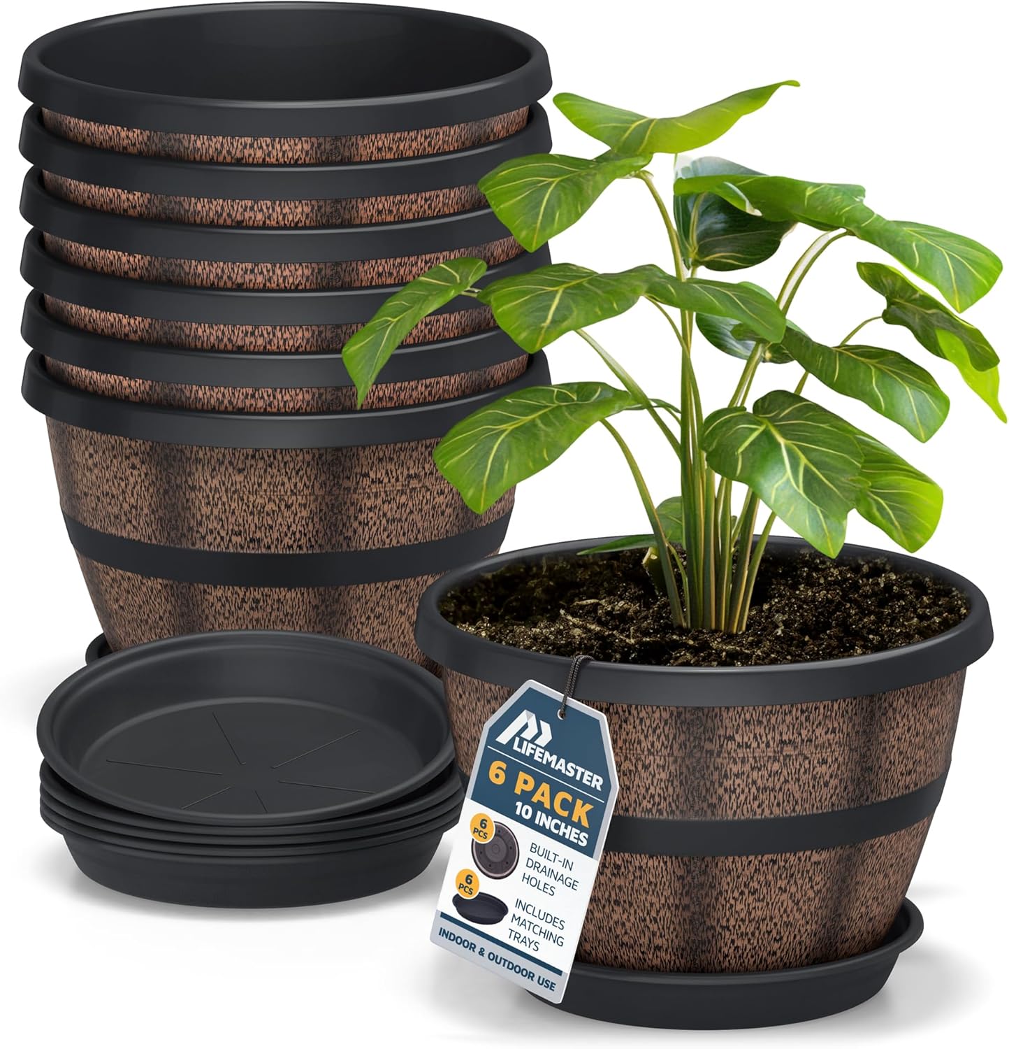 10-Inch Whiskey Barrel Planters Outdoor Pack of 6, Plastic Decoration Plant Pots for Indoor & Outdoor Use with Drainage & Saucer, Rustic Garden Planters for Flowers, Small Plants & Herbs