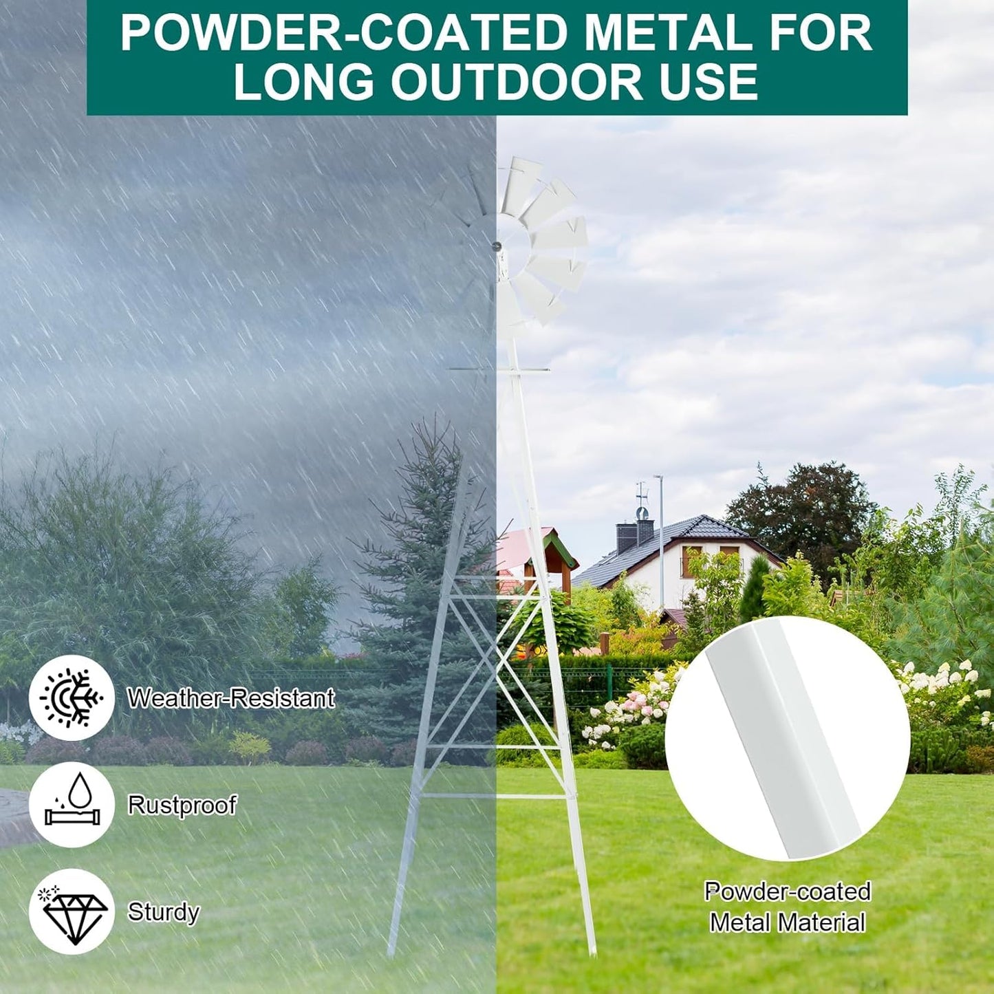 8FT Windmill for Yard Garden Decoration with Weather Vanes，Heavy Duty Outdoor Wind Mills, Large Metal Outdoor Windmill,Weather Resistant,White