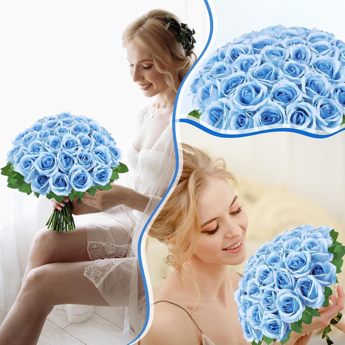 36 Pcs Sky Blue Artificial Roses with Long Stems, Blue Fake Silk Rose Artificial Flowers Bulk for Bridal Wedding Bouquet Centerpiece Ball Arrangement Party Decor