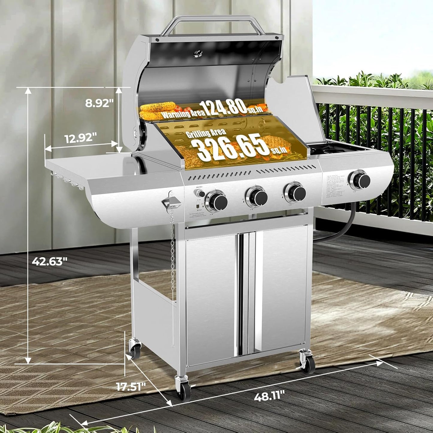 R.W.FLAME 3-Burner Propane Gas Grill With Sider Burner,304 Stainless Steel Propane Grill 34,000BTU,Multifunction & Protable Outdoor Barbecue Grill with Casters for Camping & Parties