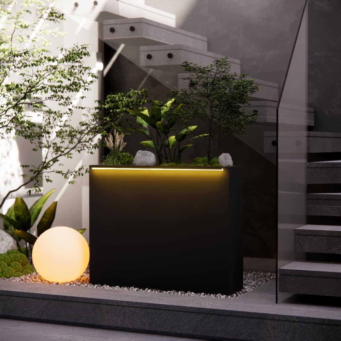 GSK Tall Light Vibe Decor 30" H×10" W×37.9" L Metal Span Planter Box LED Lighting Strips×2 Indoor Divider Rectangle Insert Tray 3 Drainage Holes Garden Plants Flower Outdoor Separation Your Space