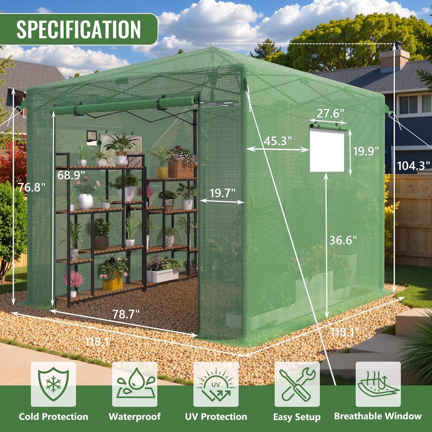 10X10 FT Pop Up Greenhouse,Greenhouse for Outdoors, Portable Walk-in Greenhouses with Roll-Up Zipper Door, PE Cover Greenhouses for Garden and Backyard, Easy Setup