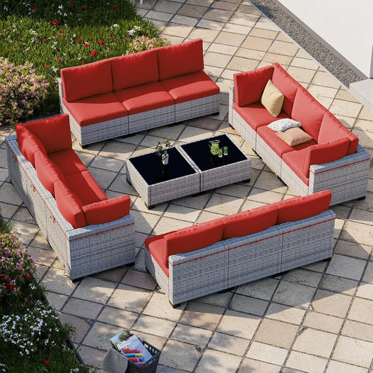 14-Piece Patio Furniture Set, Outdoor Sectional with Thick Cushions, Modular Patio Sofa, Dual-Strand Wicker Rattan, Rust-Resistant Frame, Backyard Furniture for Garden, Deck, Red