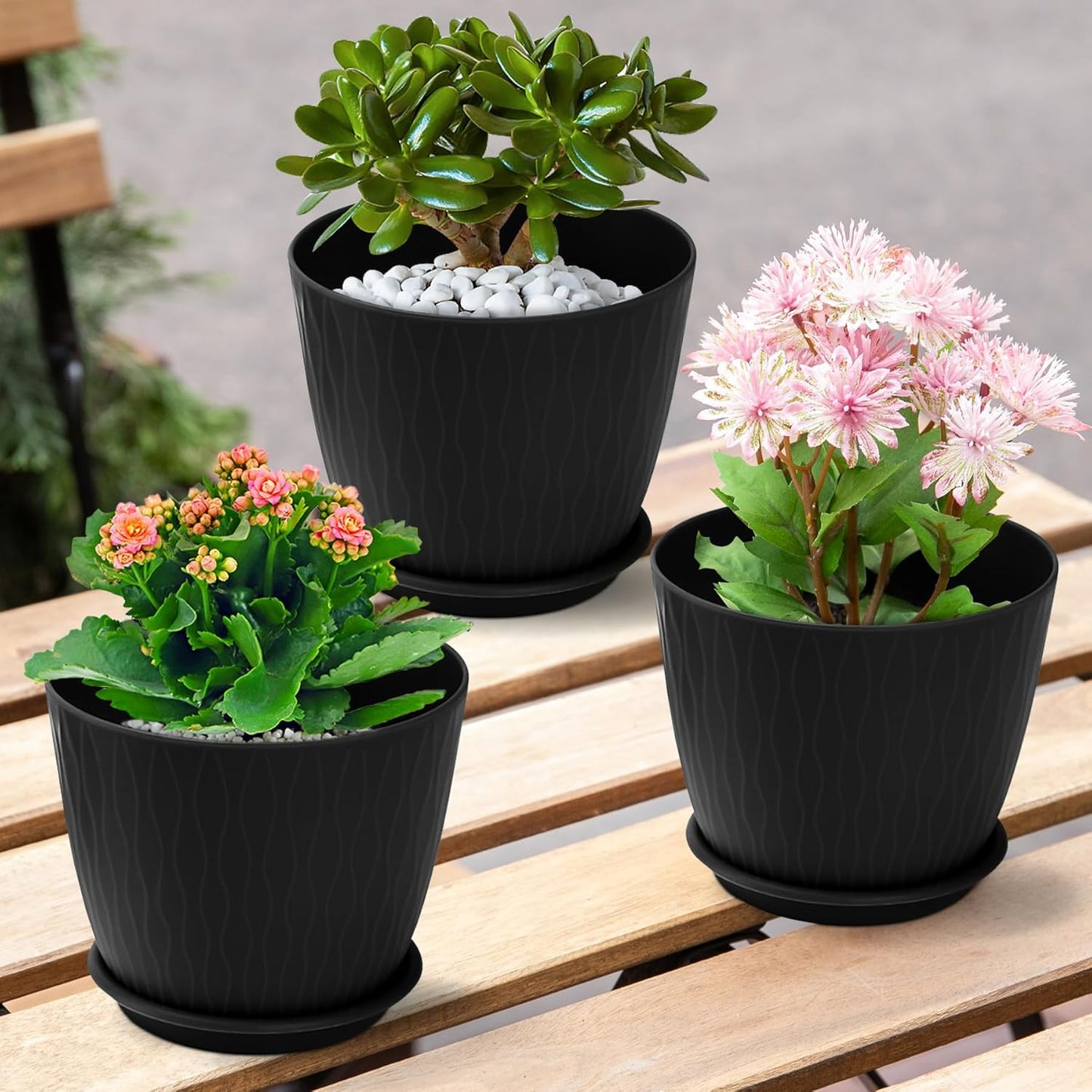 Plant Pots – 6 Inch Planters with Drainage Holes and Saucers, Flower Pots for Indoor and Outdoor Plants, Nursery Planting Pots (Pack of 5, Black)