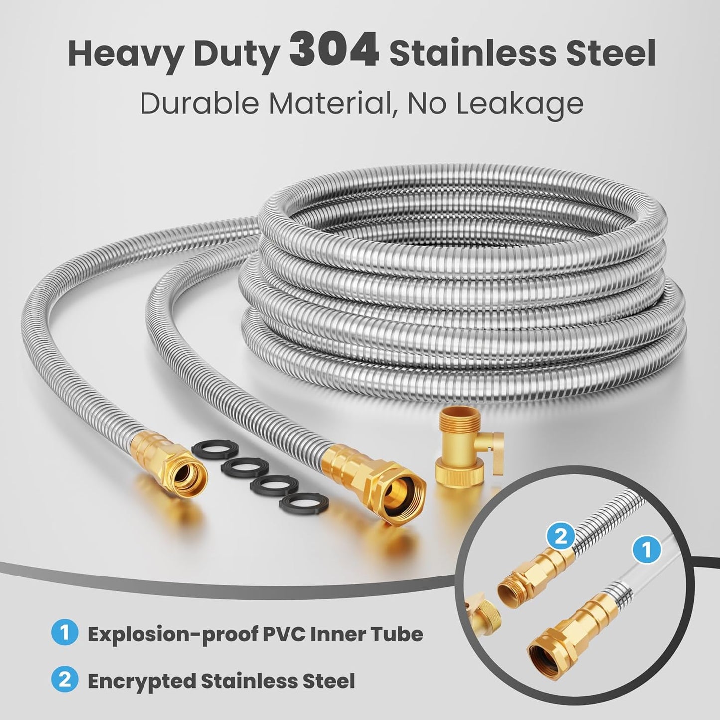 Giraffe Tools Garden Hose 50ft x 5/8", 304 Stainless Steel Metal Water Hose, No Kink Garden Water Hose with 9 Pattern Spray Nozzle, Flexible, Lightweight, Kink Free Hose for Yard, Outdoor