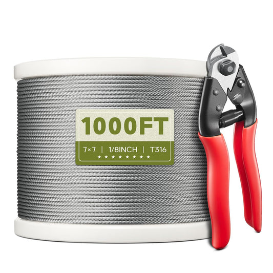 1000FT 1/8" T316 Stainless Steel Cable, Wire Rope Aircraft Cable for Deck Cable Railing Kit and DIY Balustrades, 7x7 Strands Construction, Comes with a Cutter