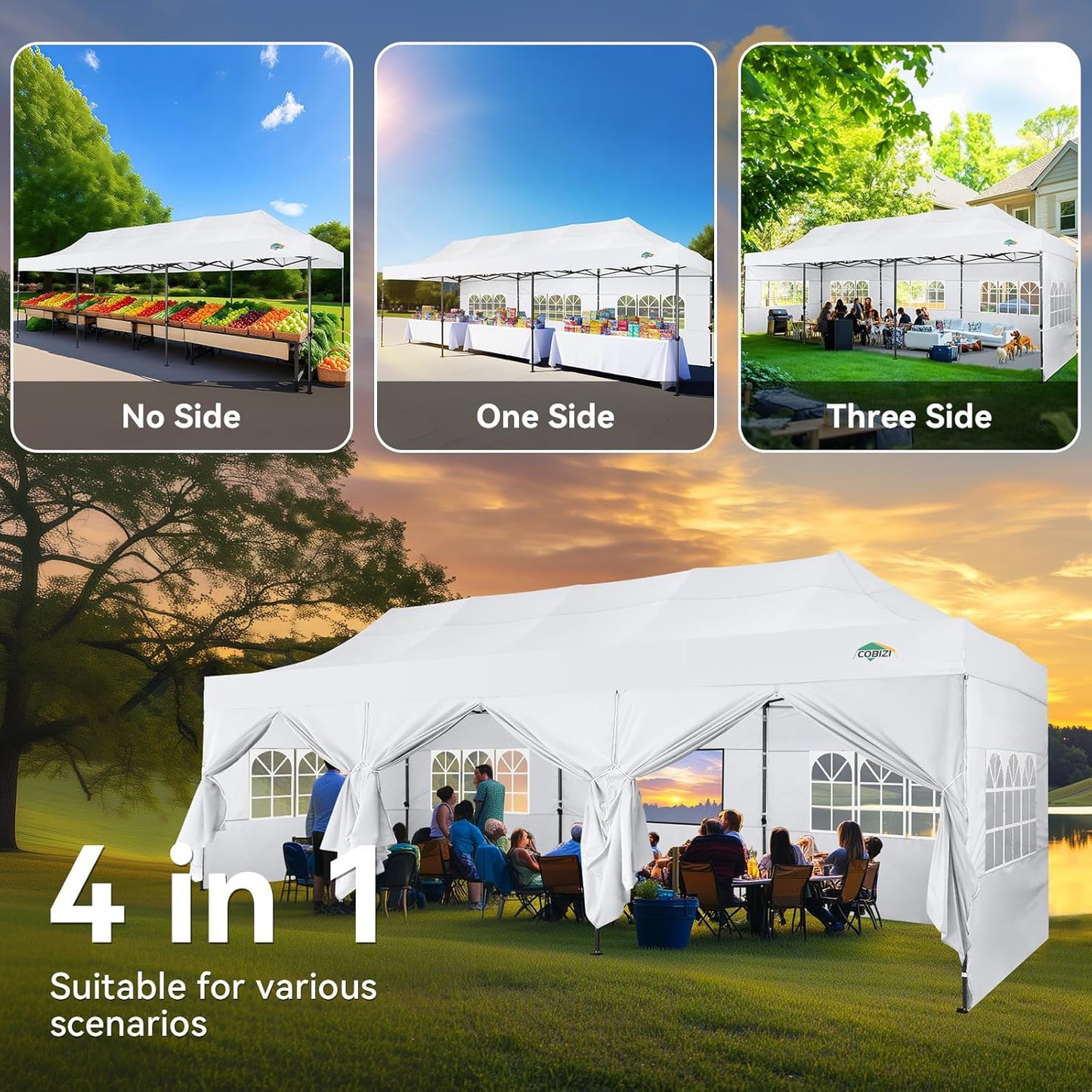 COBIZI 10x30 Pop up Canopy Heavy Duty with 8 Sidewalls, Easy Set-up Commercial Outdoor Party, 100% Waterproof Wedding Canopy Gazebo, 3 Height Adjustable with Wheeled Bag, White