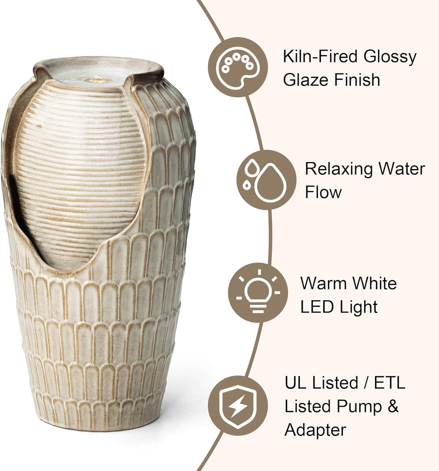 Glitzhome 28.25" H Oversized Ceramic Petals Textured Jar Outdoor Water Fountain, Vintage Sand Beige Glaze Vase Patio Garden Waterfall Fountain with LED Light and Submersible Pump