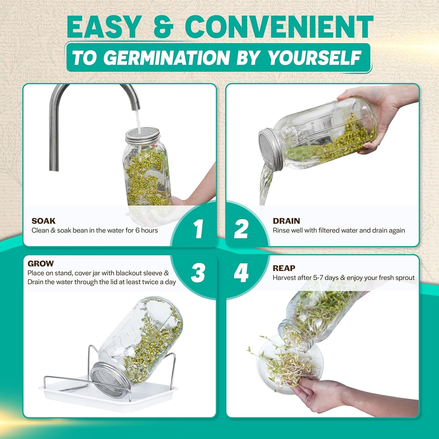 [LARGE SIZE] 2000ml(68oz) Seed Sprouting Mason Jar Kit with Stand,Drain Tray, Screen Lids,Blackout Sleeves,Good Ventilation & Drainage Capacity,Growing Fresh Organic Mung Beans,Broccoli & Microgreens