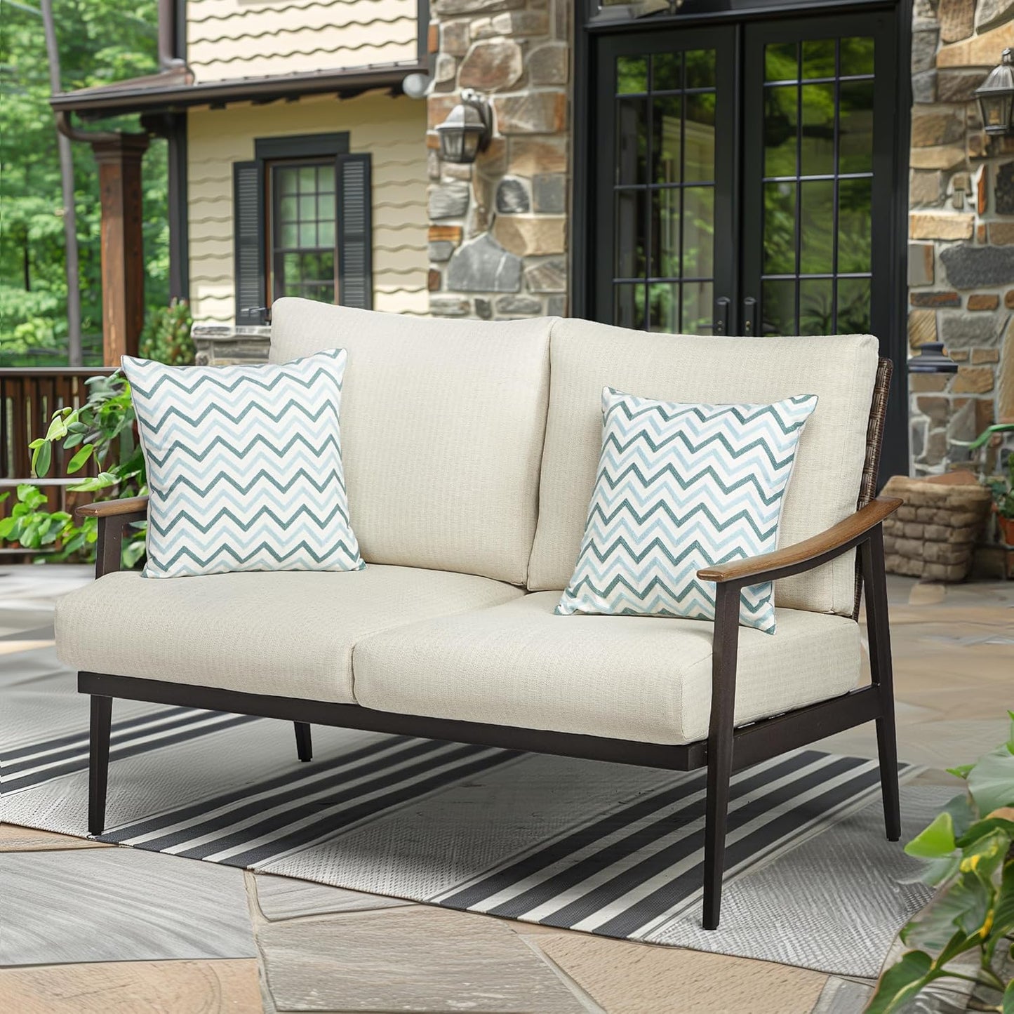 NATURAL EXPRESSIONS Patio Loveseat Sofa Outdoor Furniture Metal Chair with Wicker Backrest & 6 Inches Cushion for Indoor, Front Porch, Deck, Balcony, Backyard, 51.77"(L) x 29.75"(W) x 33.86"(H).