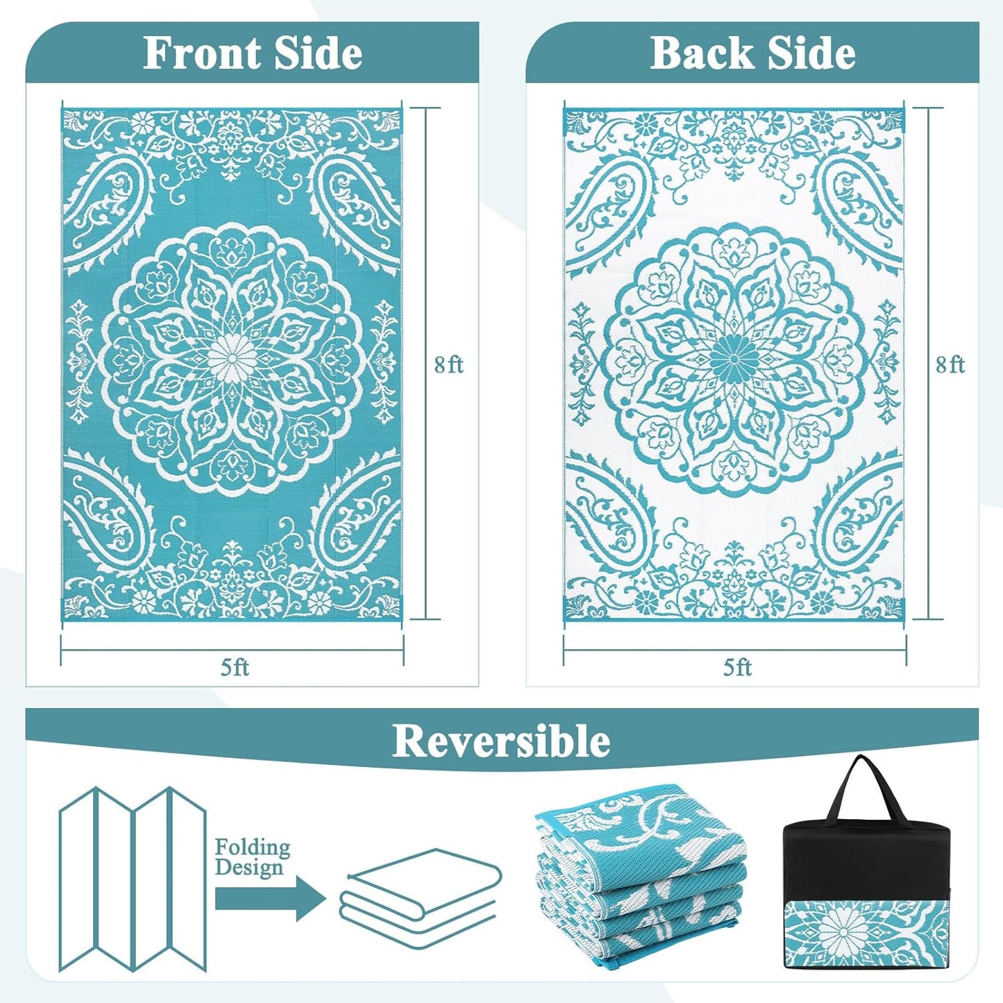 Pauwer Waterproof Outdoor Rug 5x8, Reversible Plastic Straw Patio Camping Rug, Indoor Outdoor RV Mat Carpet for Deck, Camper, Porch, Balcony, Backyard, Picnic, Boho Teal