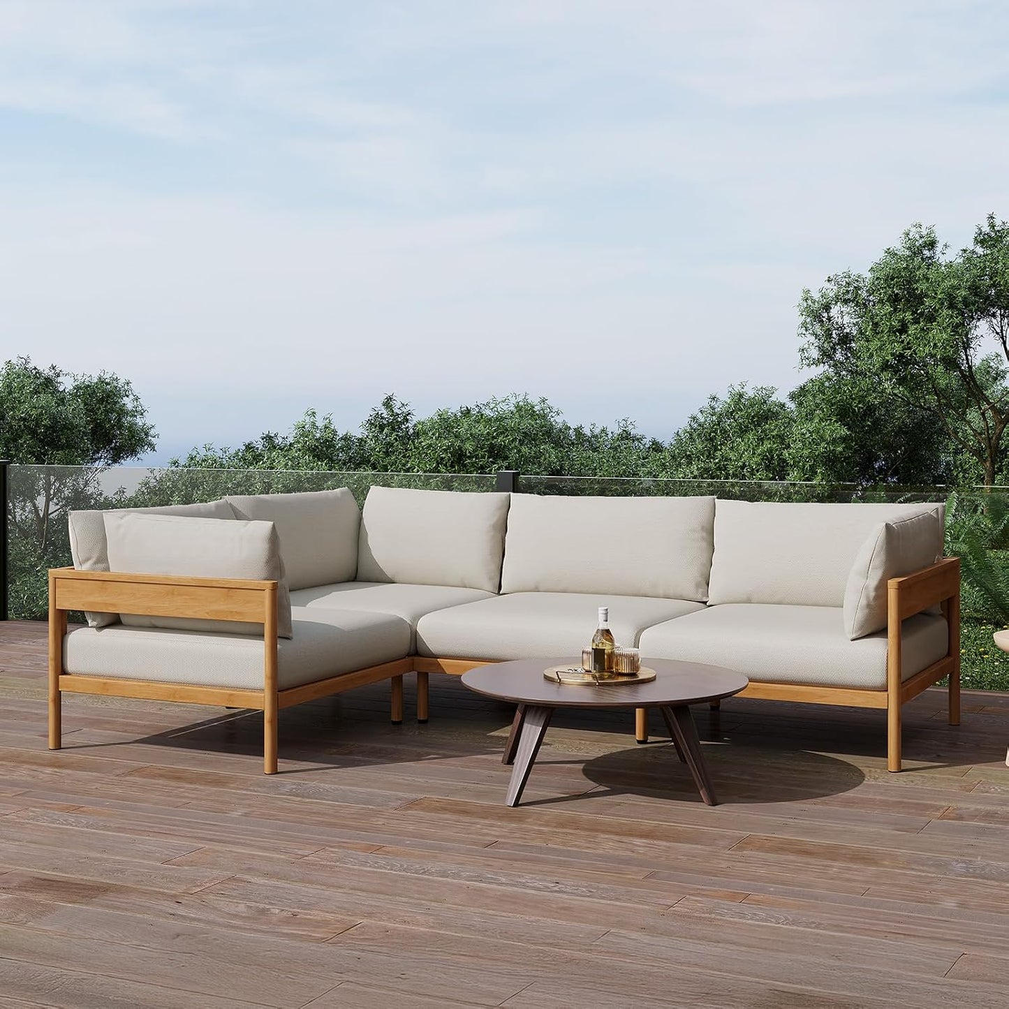 Acanva Modern Outdoor Patio Furniture Set, All-Weather Aluminium Conversation Sectional Sofa with Thick Cushions for Backyard, Garden, Porch, 4 Seats, Beige