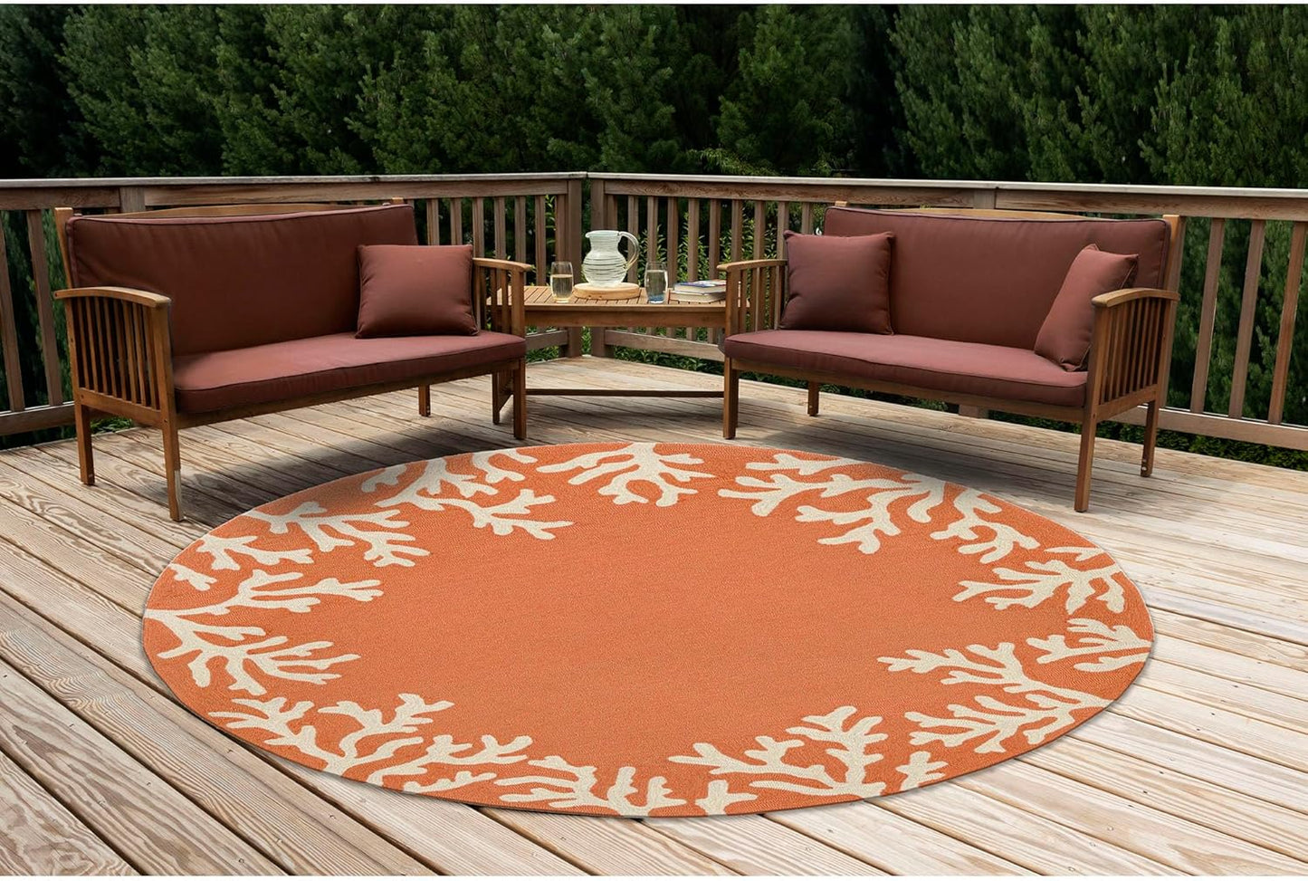 Liora Manne CAPRI Indoor/Outdoor Handmade Synthetic Blend Durable Area Rug - Traditional Border Coastal Beach Accent (Coral Border Coral) (5' Round)