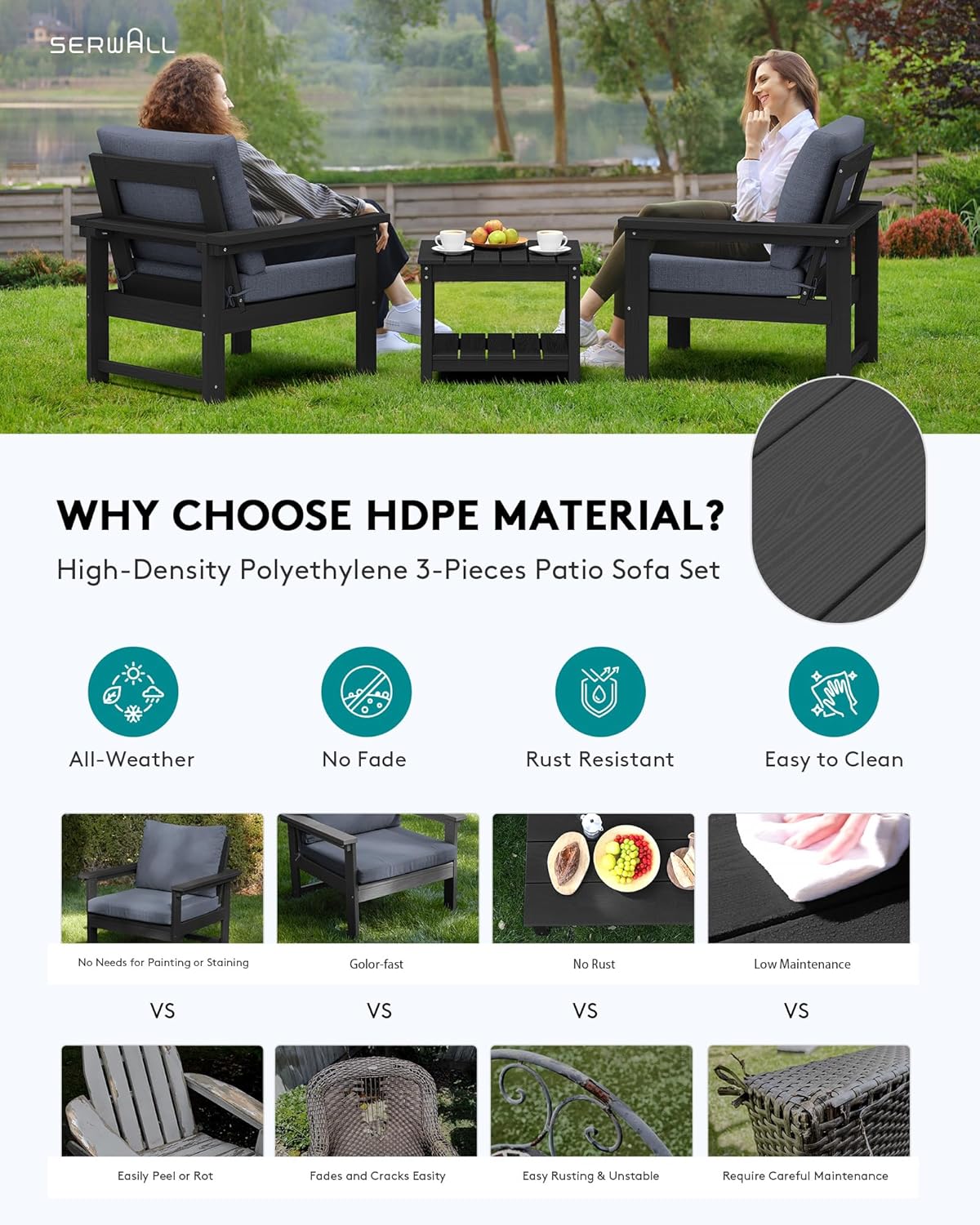 SERWALL HDPE Patio Sofa Set, 3-Piece Sectional Outdoor Furniture Set, All Weather Outdoor Couch Set Patio Furniture Set for Deck, Lawn, Black Frame with Grey Cushion