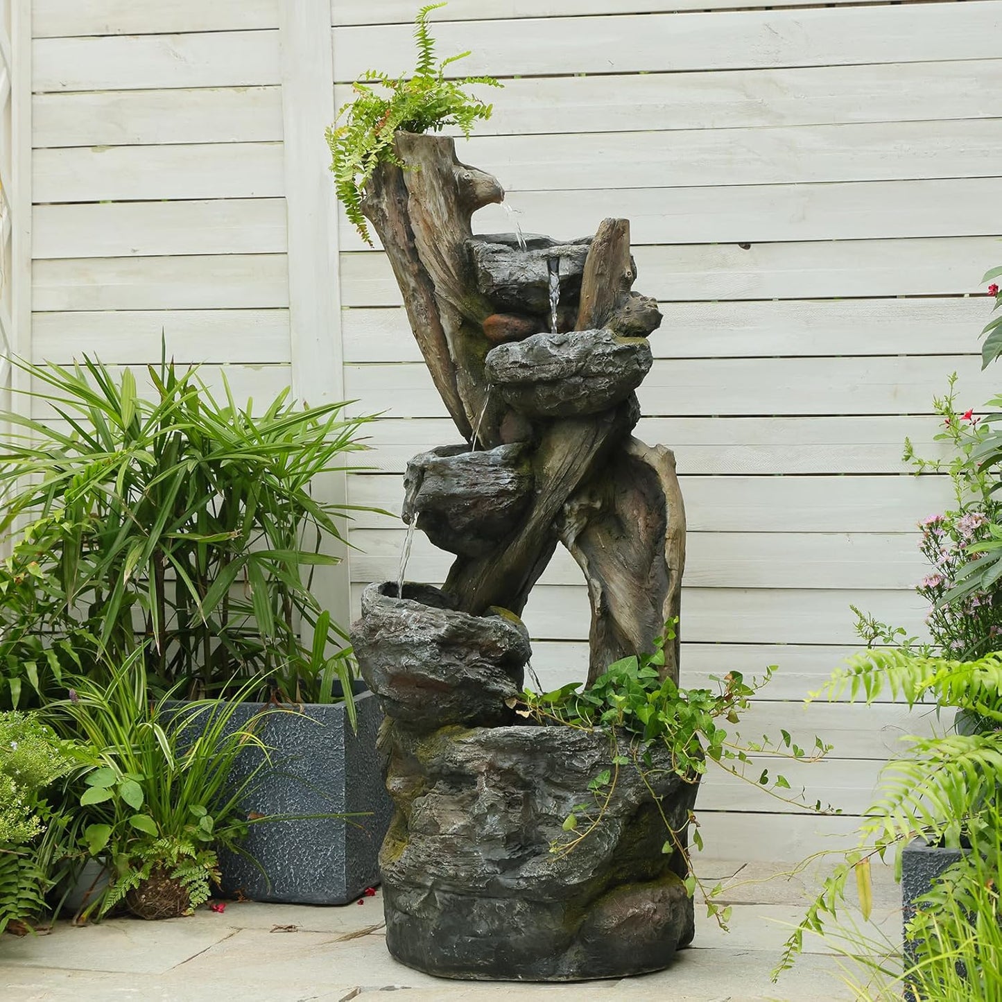 Outdoor Cascading Water Fountain Garden, 43.7'' Resin Tree Trunk & Rock Design Garden Waterfall Feature with LED Lights for Patio, Porch, Backyard and Home Decor, Gift