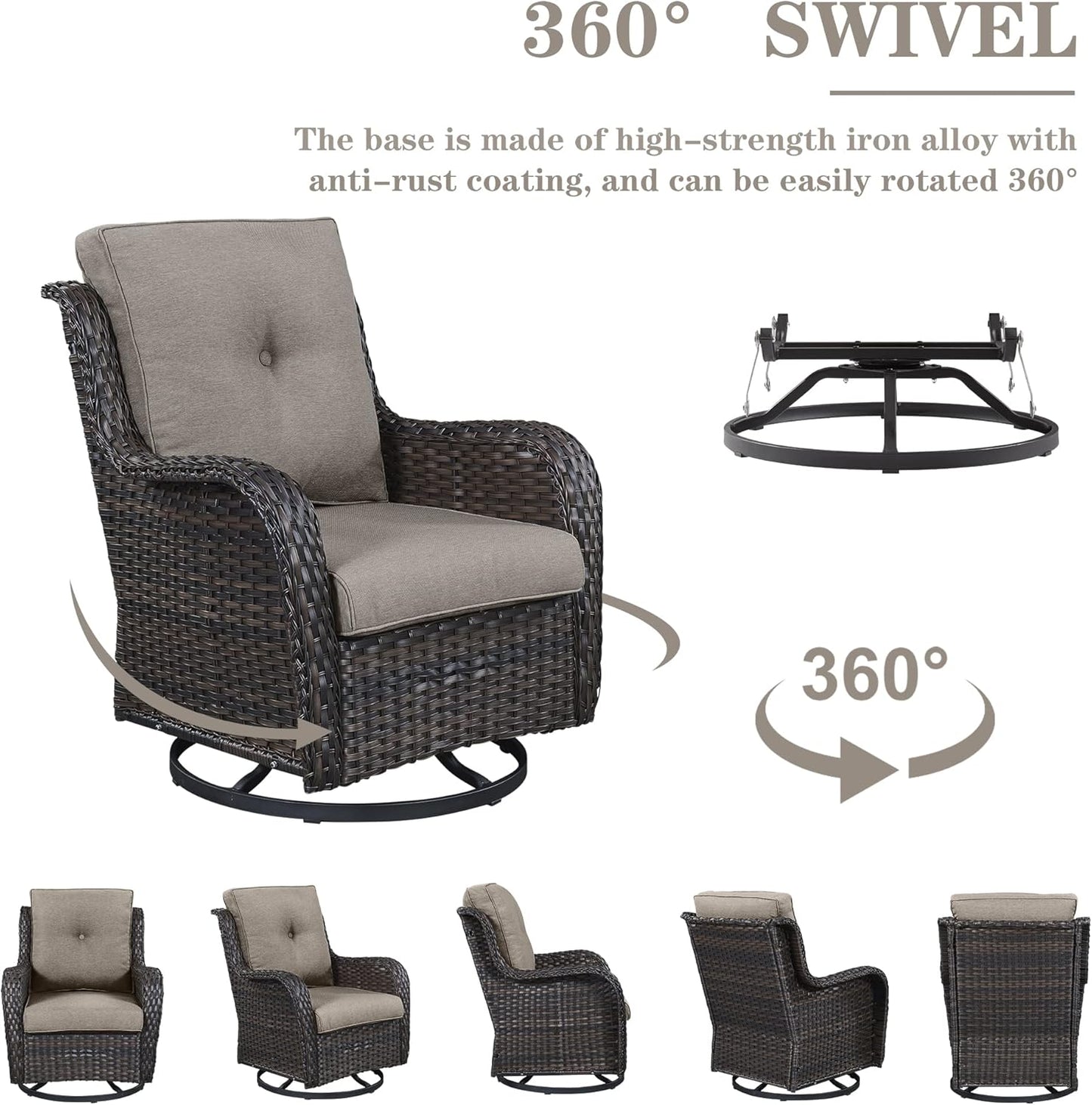 5 Piece Outdoor Patio Furniture Set - Wicker Furniture Patio Conversation Set, Outdoor Swivel Rocker Chairs with Loveseat Sofa and 2 Ottomans for Small Space, Gray Cushion