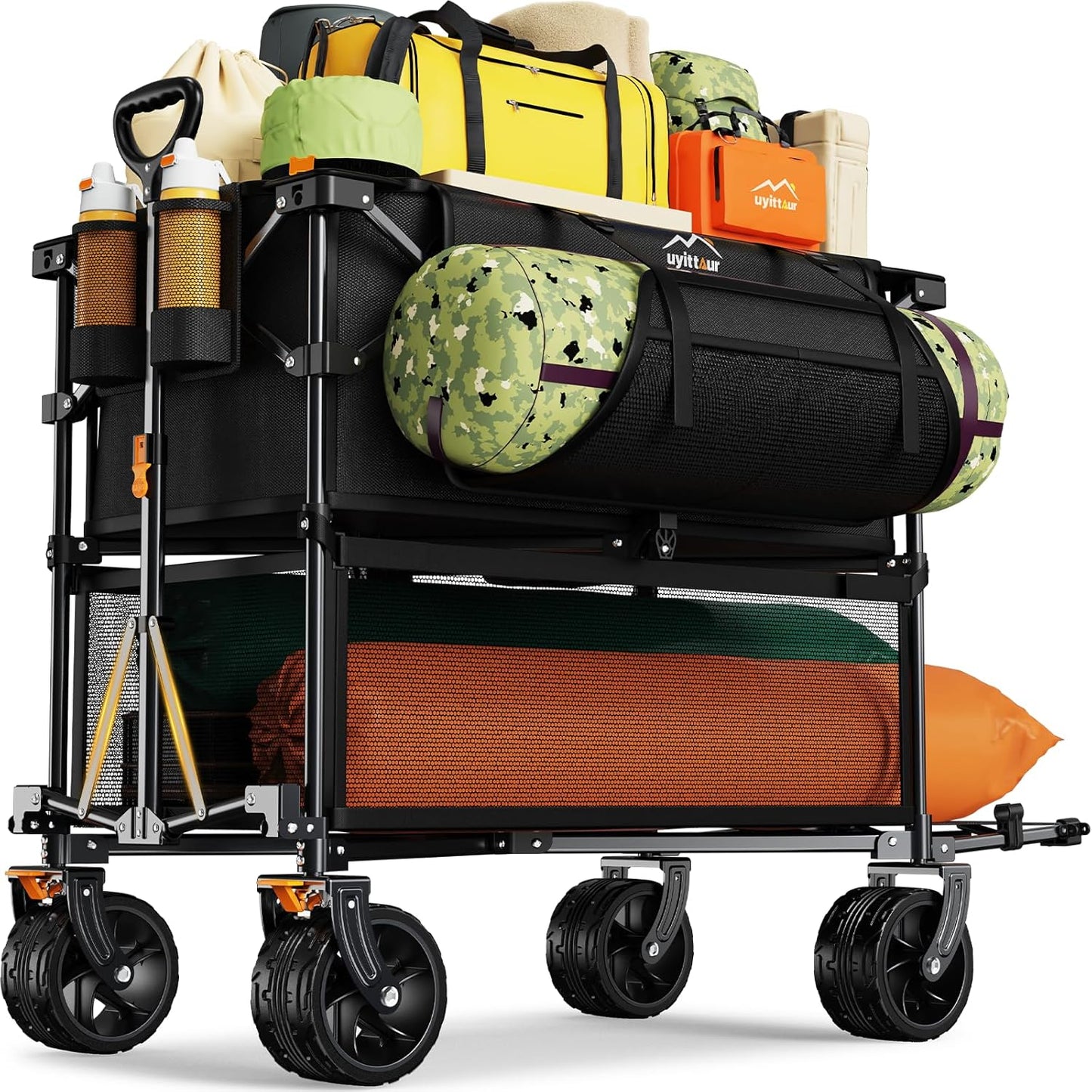 Foldable 50''L Extra Long Double Decker Wagon for Sport, 400L Collapsible Heavy Duty Wagon Cart with Big Wheels, Utility All-Terrain Large Extender Cart for Outdoors