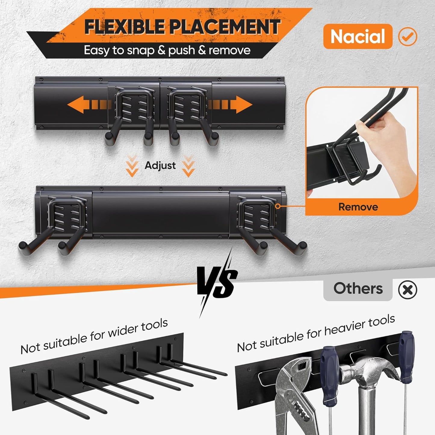 Garden Tool Organizer Wall Mount, 48 inches Tool Storage Rack with Adjustable Hooks, 600lbs Adjustable Heavy Duty Metal Hooks, Yard Shed Rack Holder System Hanging Rake Broom Mop, Father's day gifts