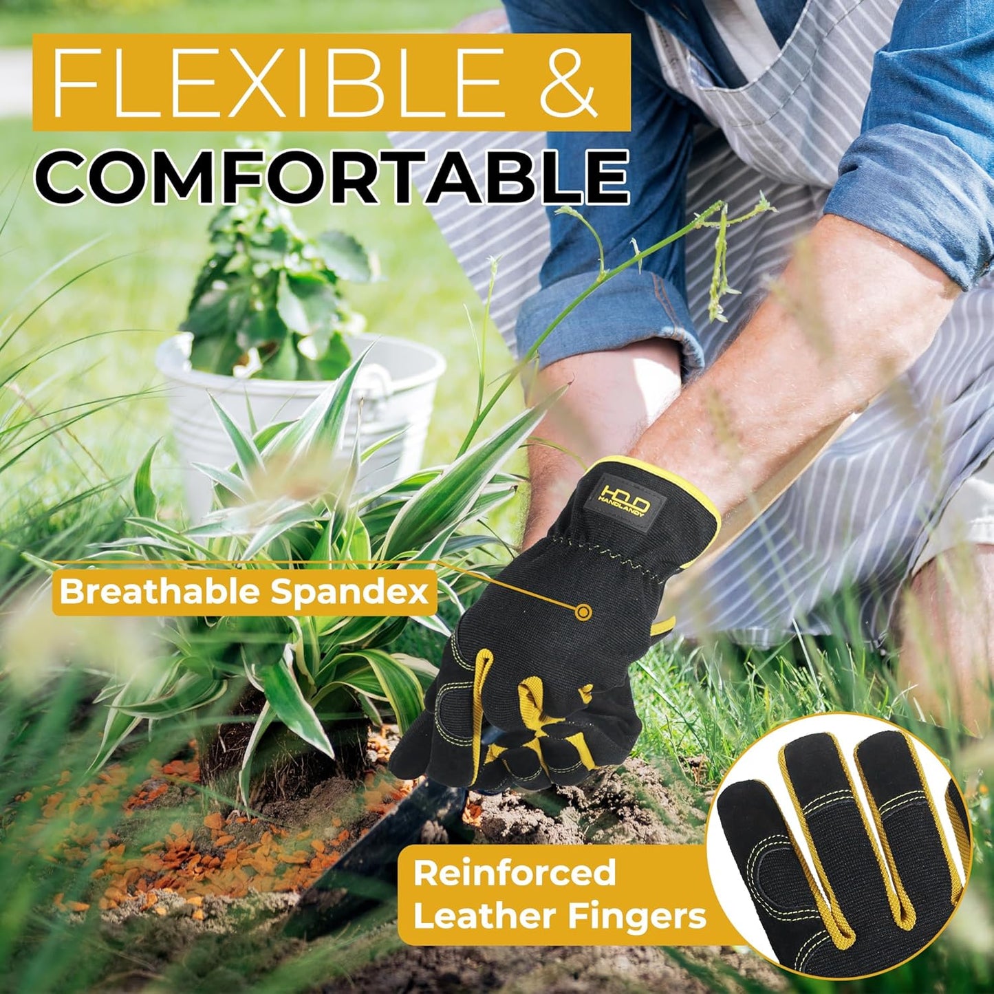 HANDLANDY Leather Work Gloves for Men & Women, Reinforced Durable Garden Gloves, Cowhide Working Glove for Gardening
