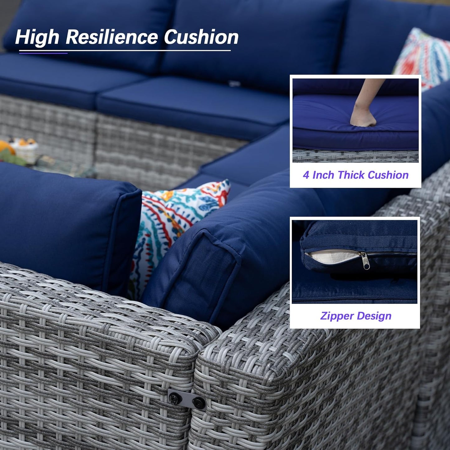 7 Piece Patio Furniture Set, Outdoor Couch Set—All-Weather Outdoor Furniture Sectional w Water Resistant Thick Cushions, Patio Sofa Set w 2 Extra Pillows and Coffee Table, Navy Blue/Gray