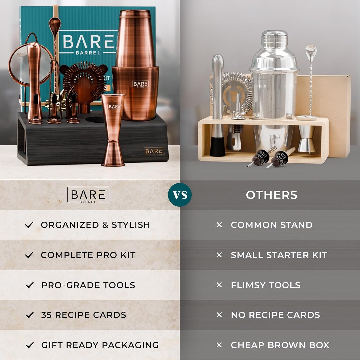 BARE BARREL® Mixology Bartender Kit Bar Set | 14-Piece Cocktail Shaker Set | Martini Barware Mixing Tools for Home Bartending | Incl. 35 Recipe Cards | Gift Set (28oz Boston Shaker, Copper/Black)