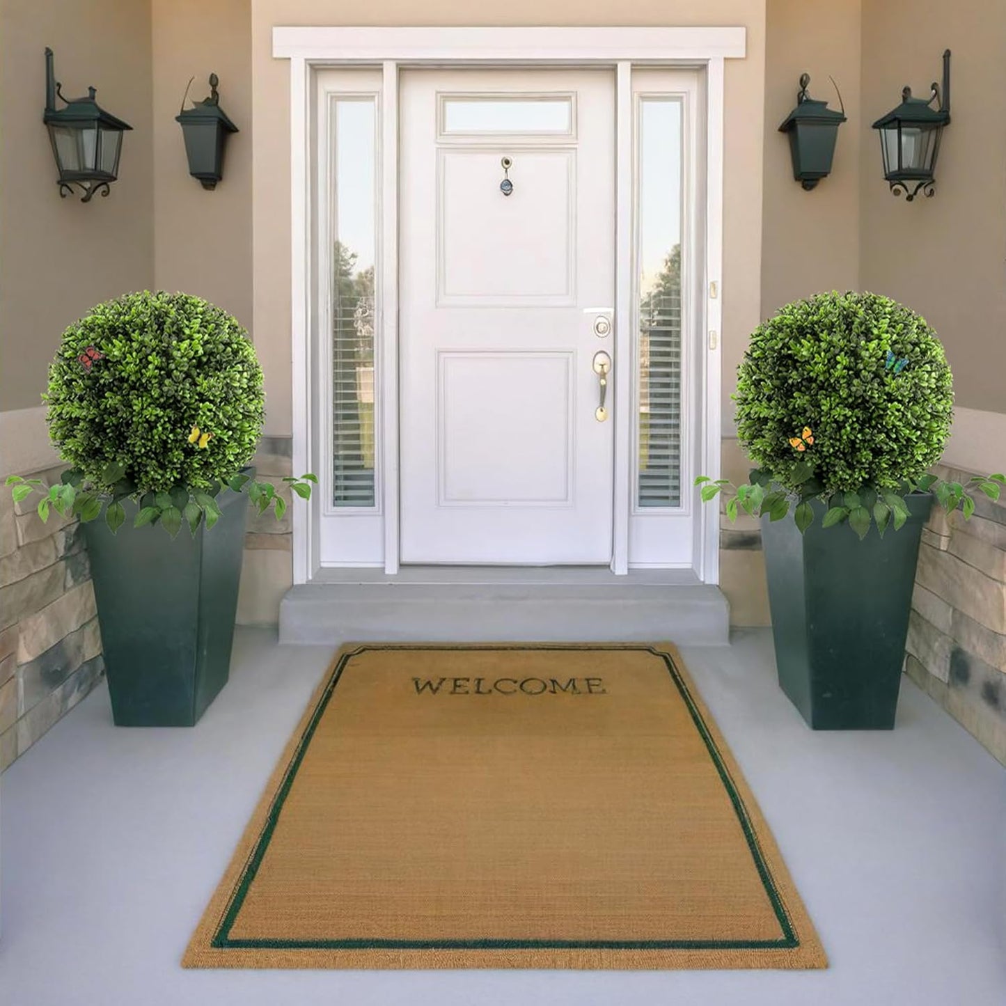 28" Artificial Boxwood Ball Bush, UV Resistant Topiary Tree Faux Boxwood Ball Shaped Porch Bushes with Ground Spike Artificial Bushes for Outdoors Front Door Decor Home Garden