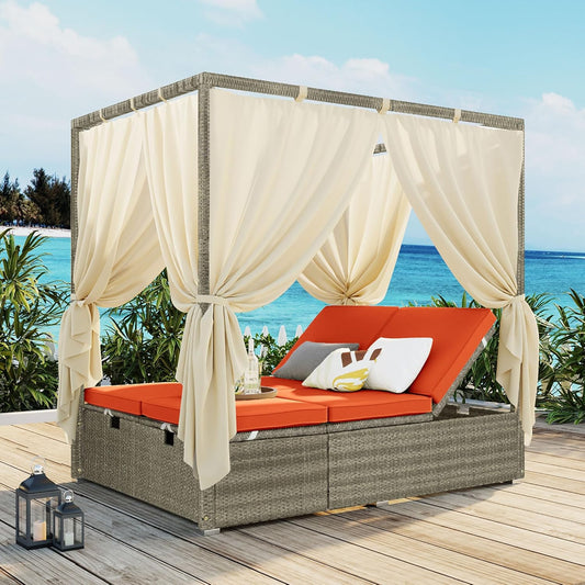 Patio Chaise Lounge, Gray PE Rattan Outdoor Patio Wicker Sunbed Daybed with Adjustable Seats, Four-sided Canopy, Overhead Curtain and Orange Cushion for Backyard, Garden, Poolside (for 2-6 people)