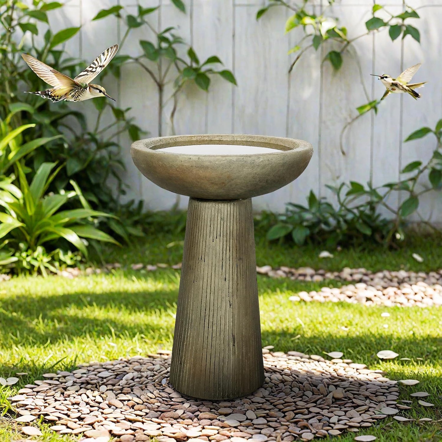 SunJet 24.4inches Tall Fiber-Reinforced Concrete Bird Bath - Modern Minimalist Style Outdoor Birdbaths & Feeder Combo for Outdoors Patio Garden Yard Lawn Decor