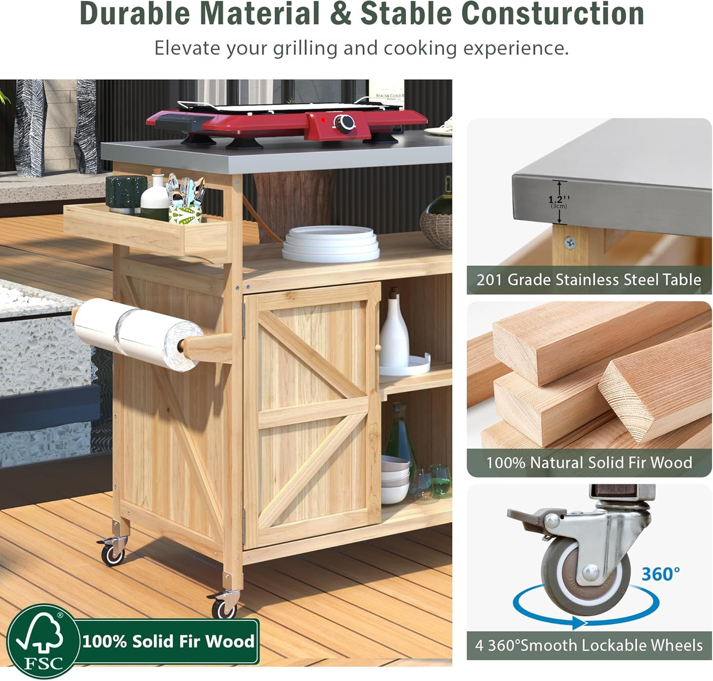 Grill Cart with Stainless Steel Tabletop - Outdoor Storage Cabinet for BBQ, Bar Patio Kitchen Island with Ample Storage and Lockable Wheels