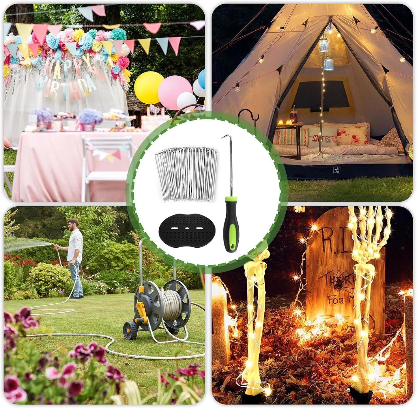 Garden Stakes,6 Inch 11 Gauge 50pcs Galvanized Landscape Staples + 50pcs Gaskets + 1Pick Hook,Tent Stakes Landscaping Fabric SOD Pins for Weed Fabric Barrier,Groud Cover,Fence