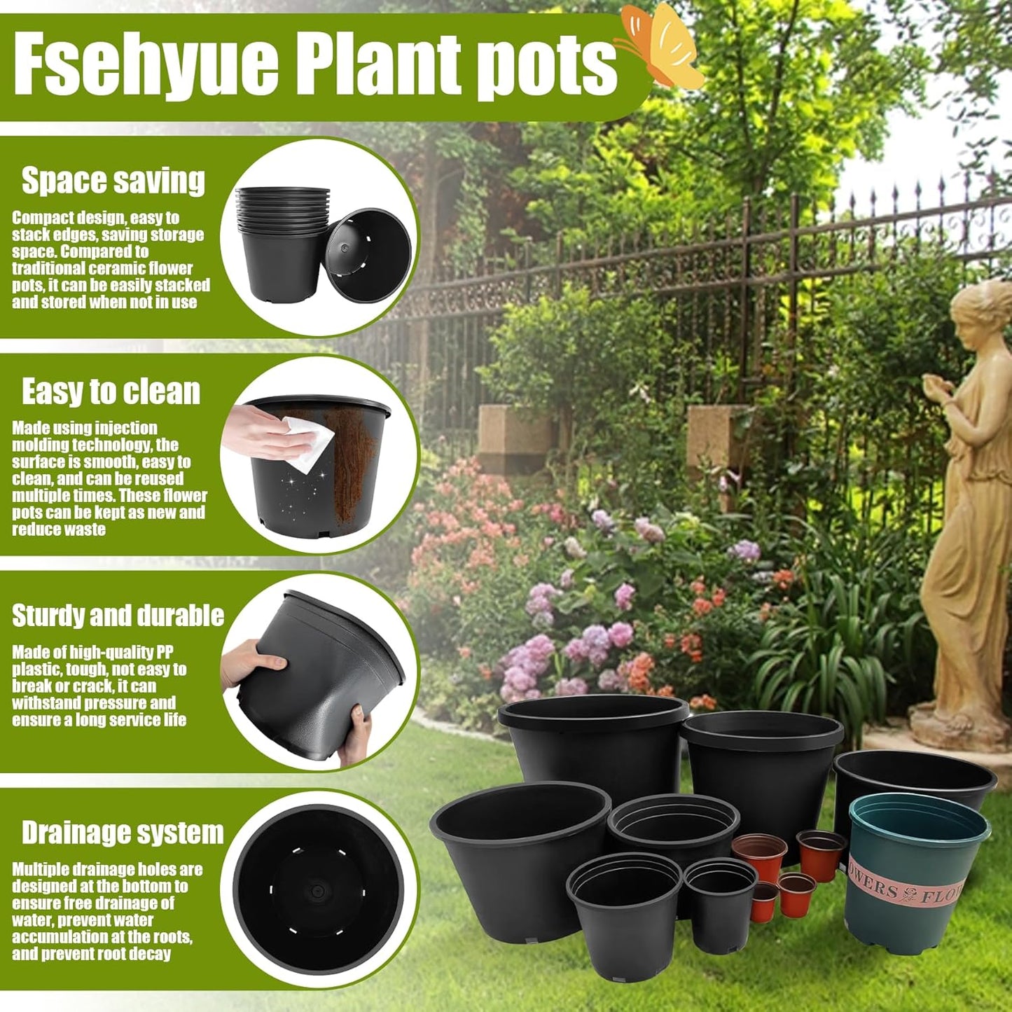 7 Gallon Nursery Pots Plastic Container Injection Molded Pot for Plants Flexible with Drainage Holes Suitable for Plants Soil Growers or Hydroponics Black 10 Pcs