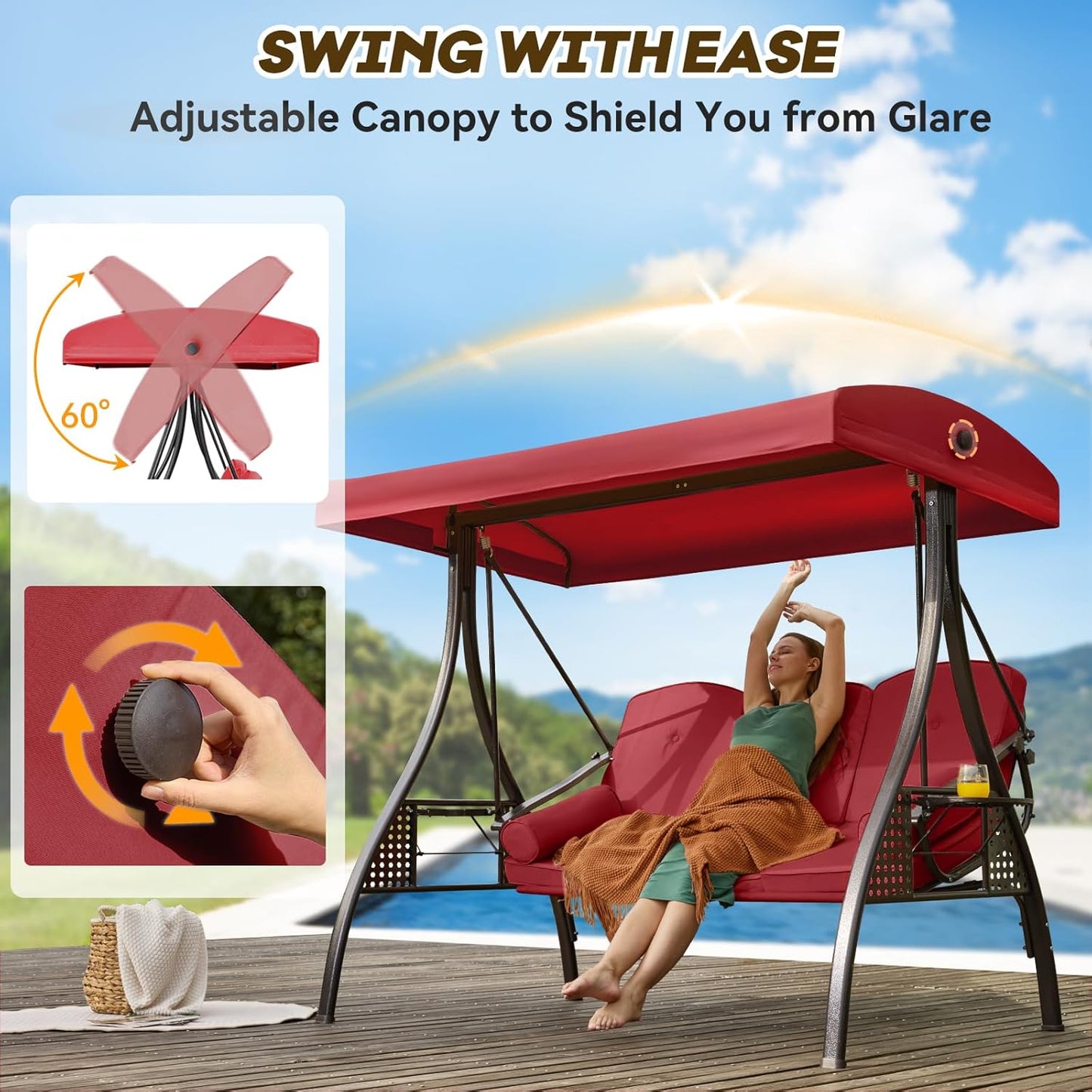 3 in 1 Outdoor Porch Swing with Adjustable Canopy, 3 Seat Outdoor Swing for Adults, Patio Swing Chair with Thickened Cushions,Pillows & Cup Holders for Backyard, Porch, Garden (Wine Red)