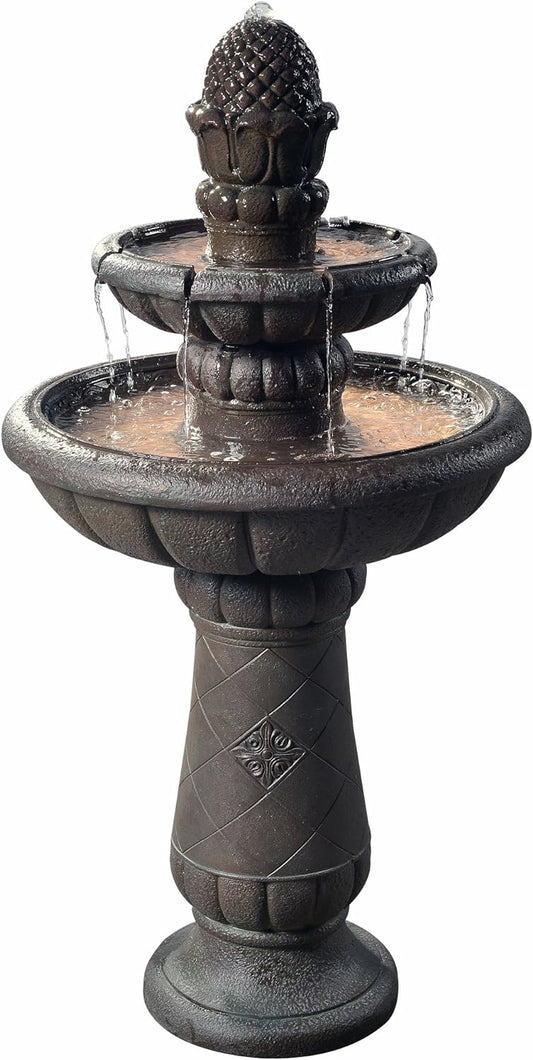 Teamson Home Deluxe Pineapple Pedestal 2 Tiered Floor Waterfall Fountain with Pump for Outdoor Patio Garden Backyard Decking, 39 Inch Height, Iron Gray