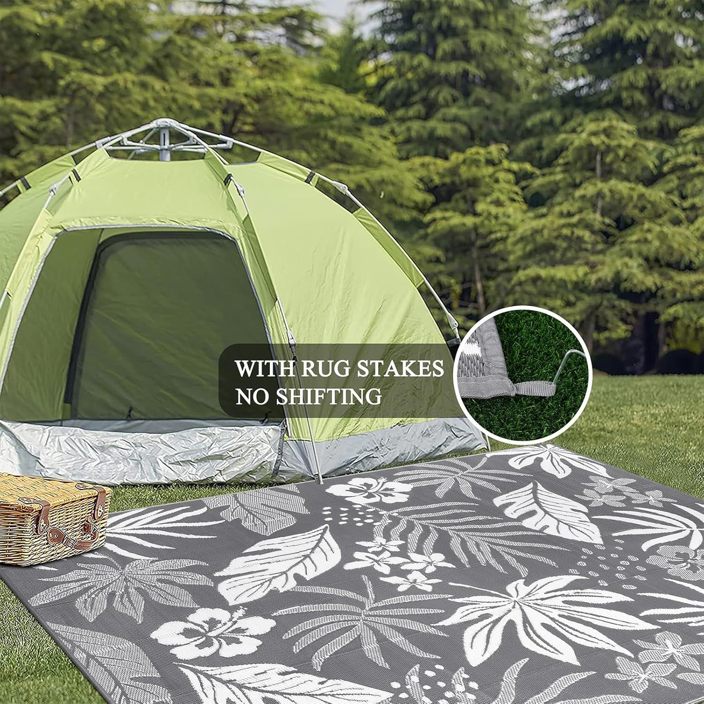 Pauwer Waterproof Outdoor Rug 9x12, Reversible Plastic Straw Patio Camping Rug, Indoor Outdoor RV Mat Carpet for Deck, Camper, Porch, Balcony, Backyard, Picnic, Floral Grey