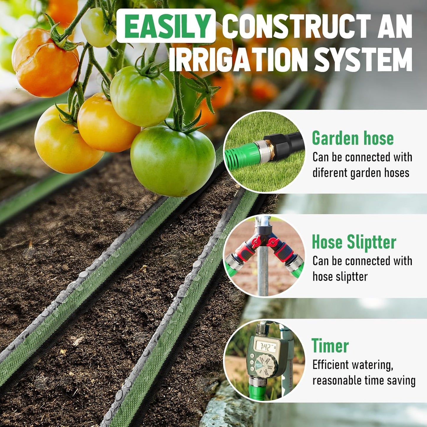 Flat Soaker Hose 15FT for Garden and Lawns, 80% Water-Saving Drip Irrigation Hose with Anodized Aluminum Ends, Flexible Leakproof Double Layer Gardening Hoses ﻿