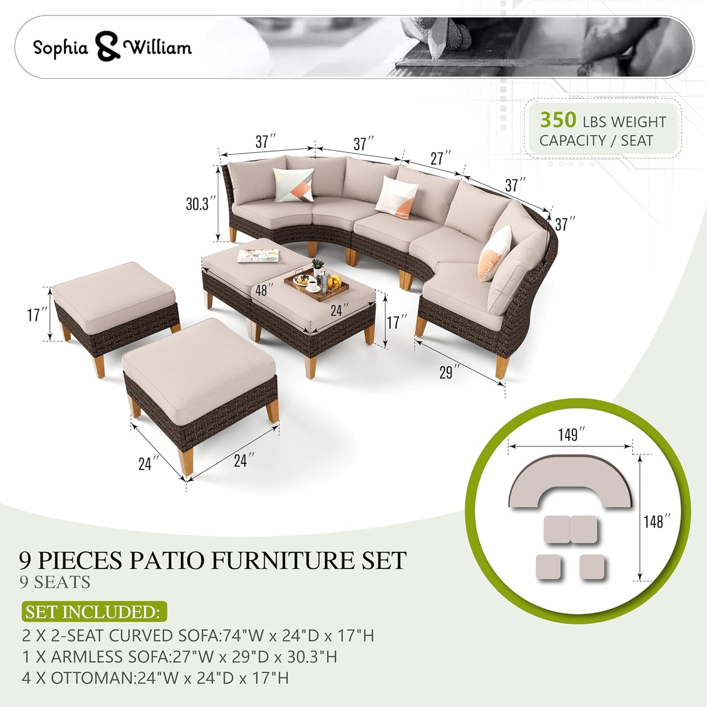 Sophia & William Large Half-Moon Outdoor Patio Furniture Set 9 Piece High Back Wicker Rattan Patio Sectional Furniture Sofa Set Fan-Shaped Conversation Set with 4 Ottomans & 4" Thick Cushions, Beige