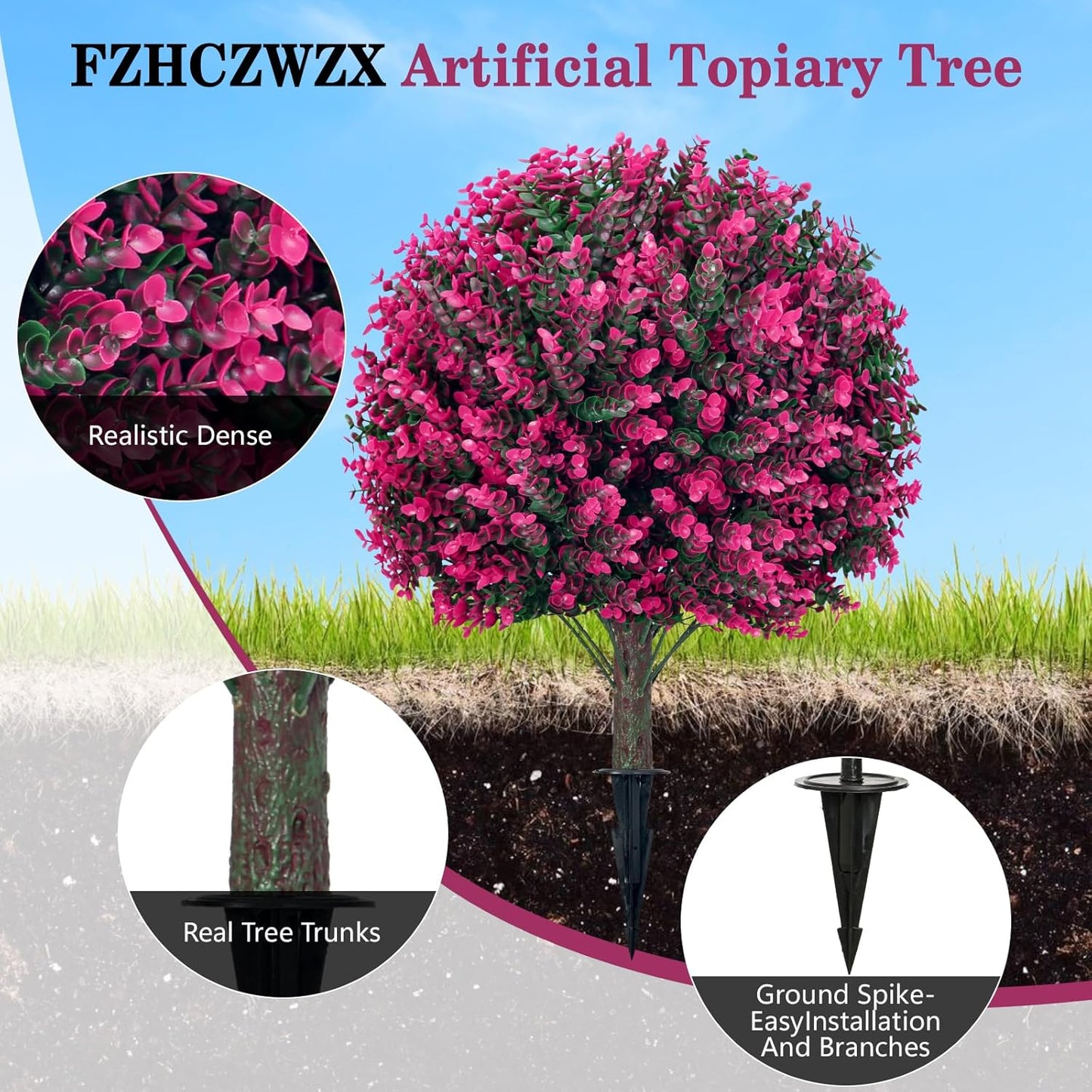 Artificial Topiary Tree with Pink Eucalyptus, Set of 2-17in UV Resistant Fake Evergreen Tree for Porch, Outdoor Artificial Plants for Planters - Ground Spike Included FZHCZWZX
