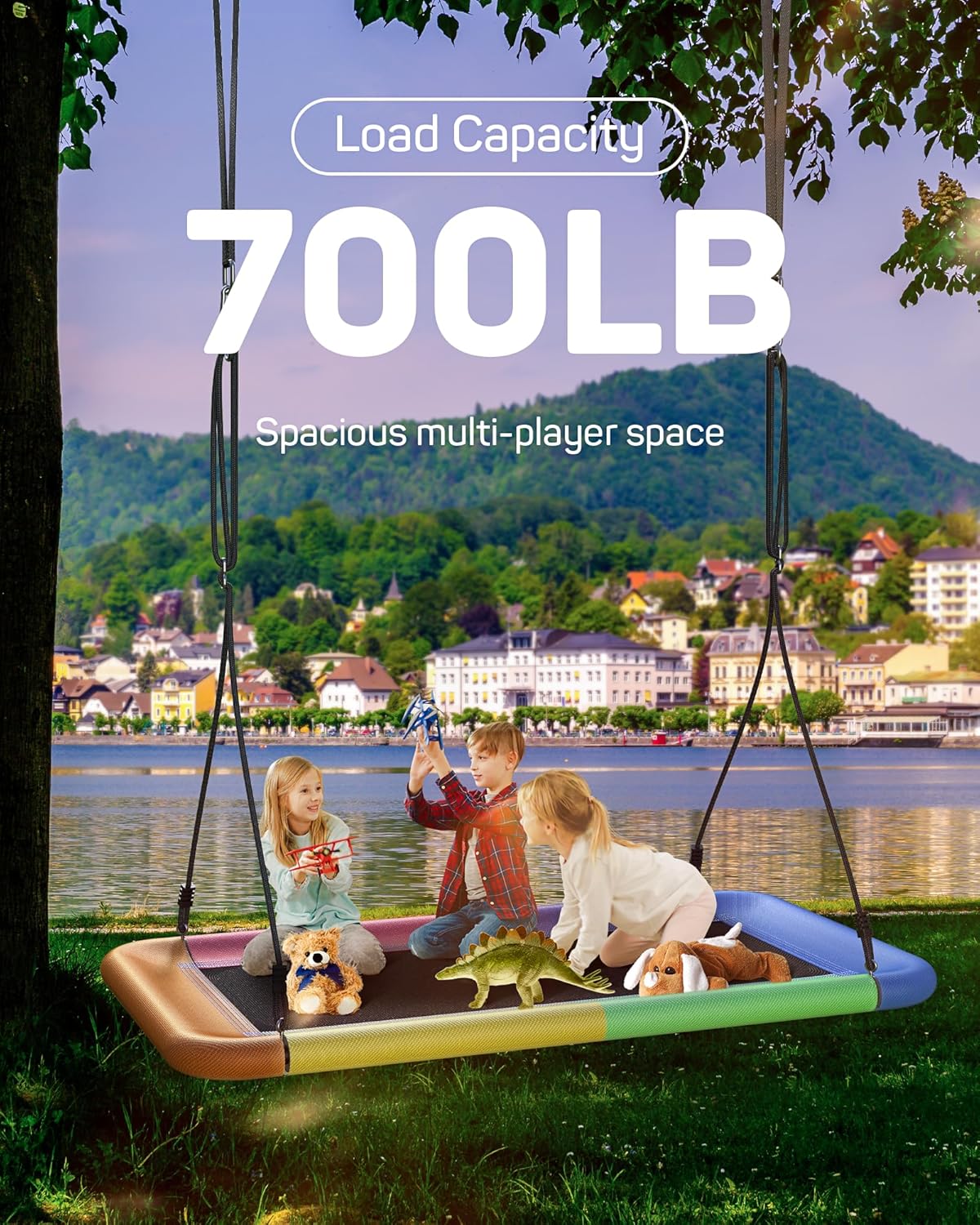 Tree Swing for Kids and Adults, 60" Waterproof Rectangle Platform Swing, 700lbs Heavy Duty with Adjustable Straps, Rainbow