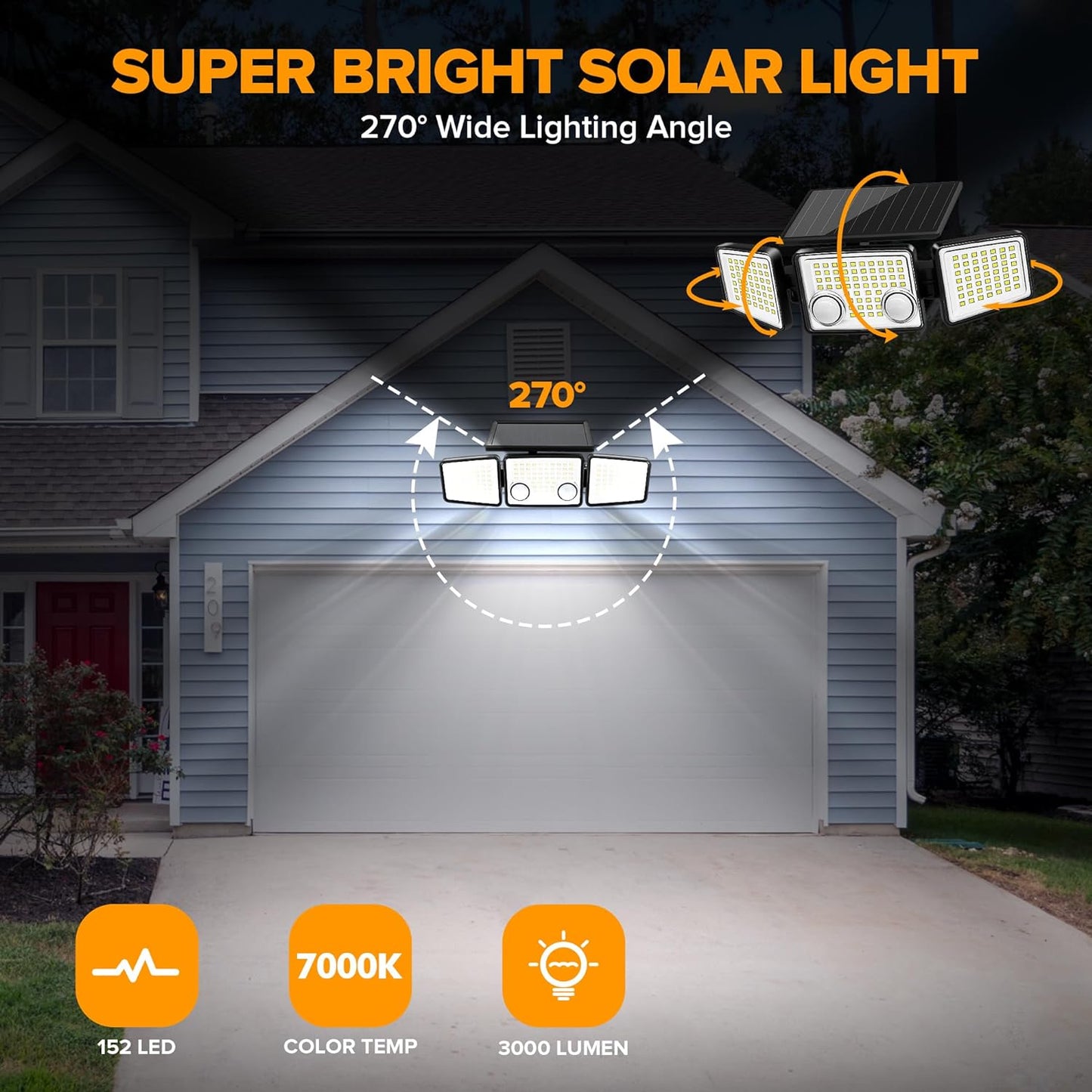 UME Solar Outdoor Lights 3000 Lumen 7000K, 152 LED Super Bright Motion Sensor Outdoor Light with 2 Sensors, IP65 Waterproof 270 Wide Angle Solar Flood Light with 3 Modes for Garden - 2 Pack