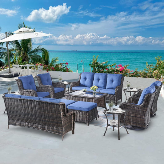 Wicker Patio Furniture Sets - 13 Piece Outdoor Rattan Furniture Conversation Sets with 4 Swivel Rocker Chairs, 2 Rattan Sofas, Wicker Ottomans and Coffee Table, Brown/Blue