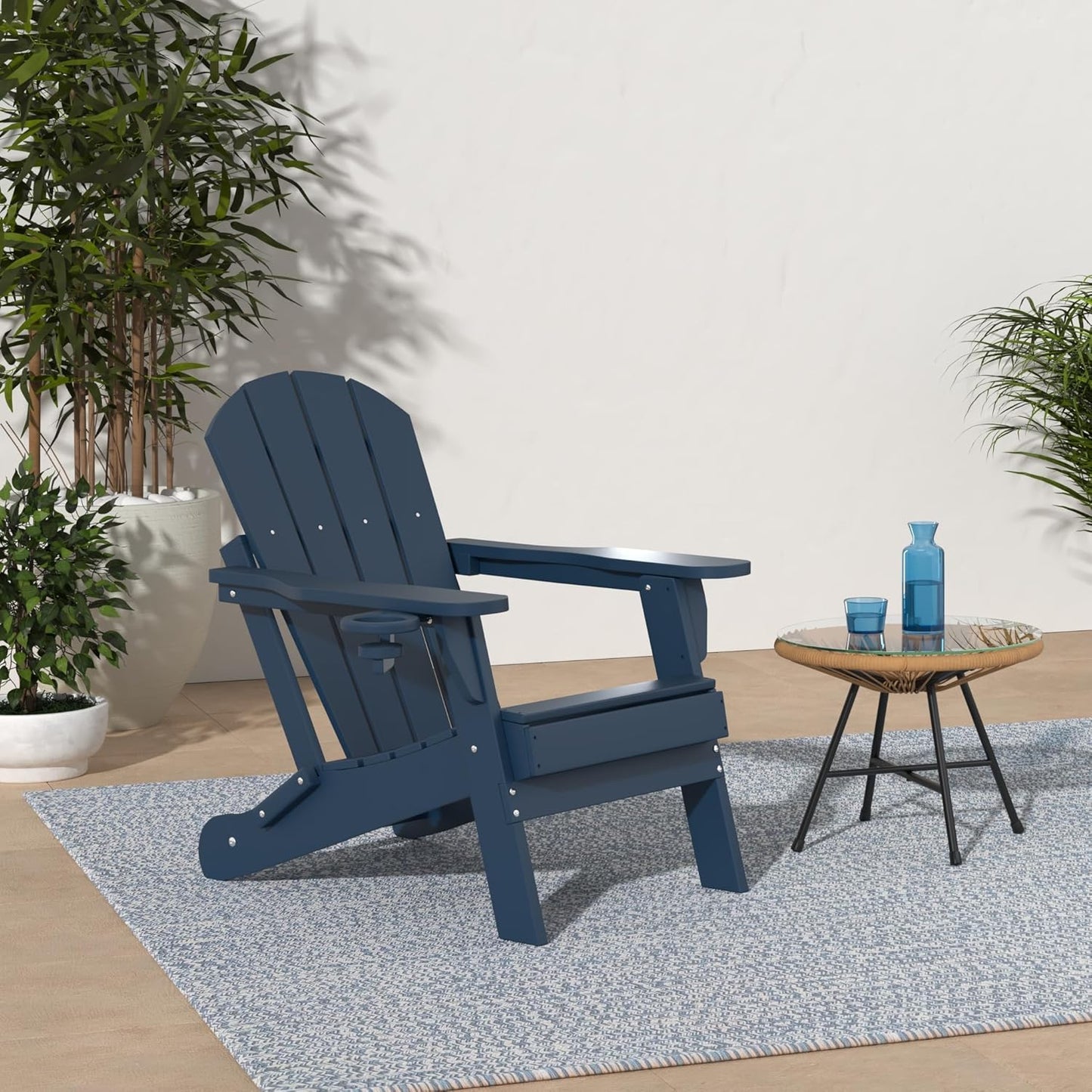 GREENVINES Folding-Adirondack-Chairs-Set-of-2 | HDPE Plastic | Fire Pit Chair | All Weather | Cup Holder | Blue | for Deck Backyard Patio Outdoor Garden