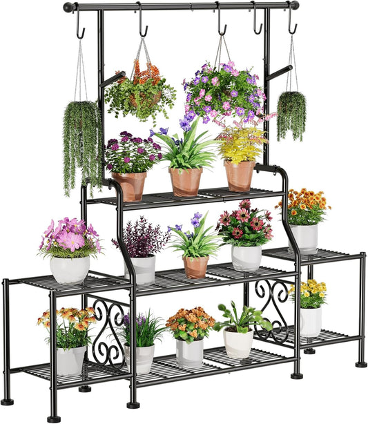 GIOTORENT 3-Tier Tall Metal Plant Stand Indoor Outdoor - Heavy Duty Plant Shelf for Garden, Patio, Balcony with 5 Hanging Hooks, Holds 16-25 Plants, Black