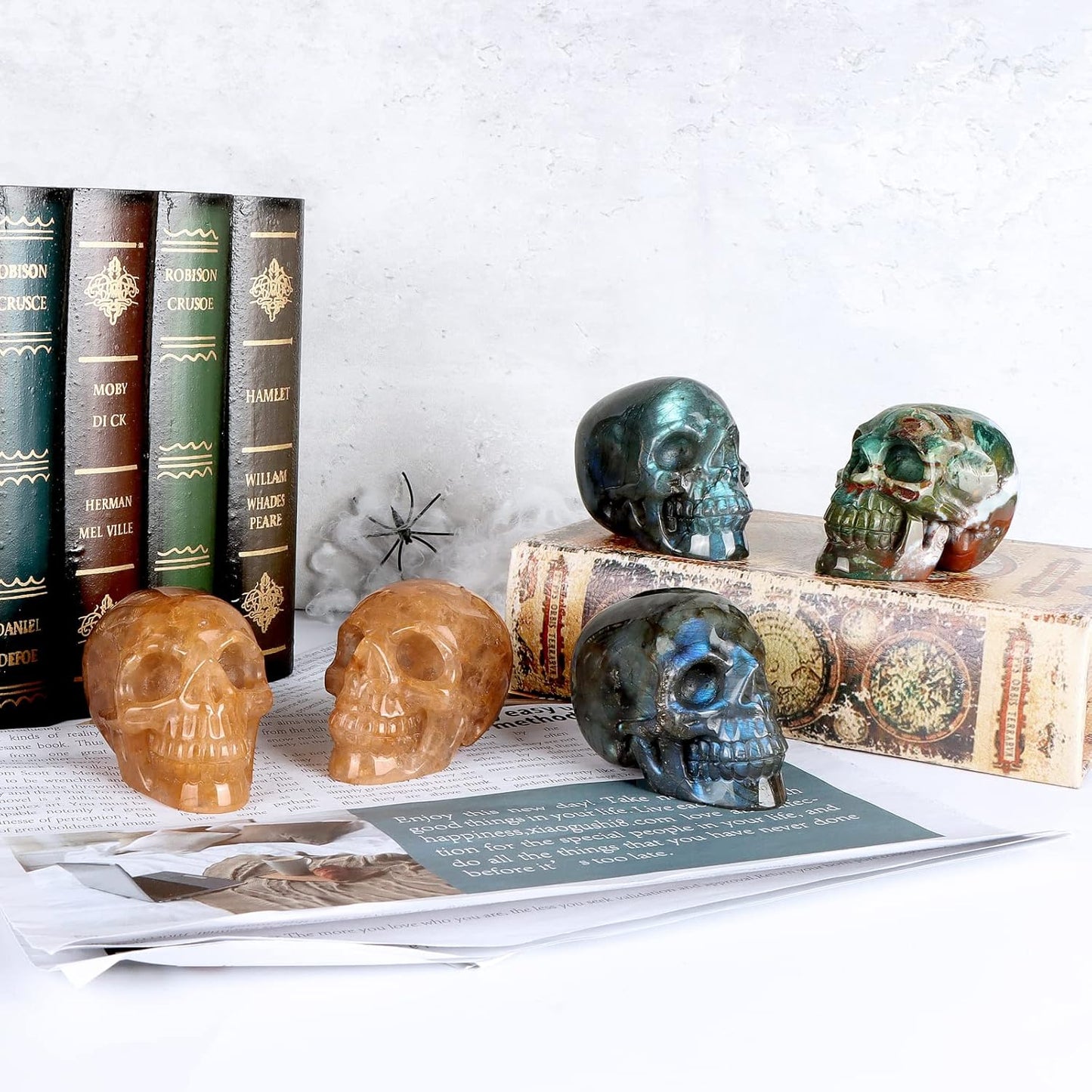 3.0" Ocean Jasper Crystal Skull Head Decor Figurine Healing Stone Carved Sugar Skull Stutue Sculpture Ornament for Day of Dead Decorations Home Office