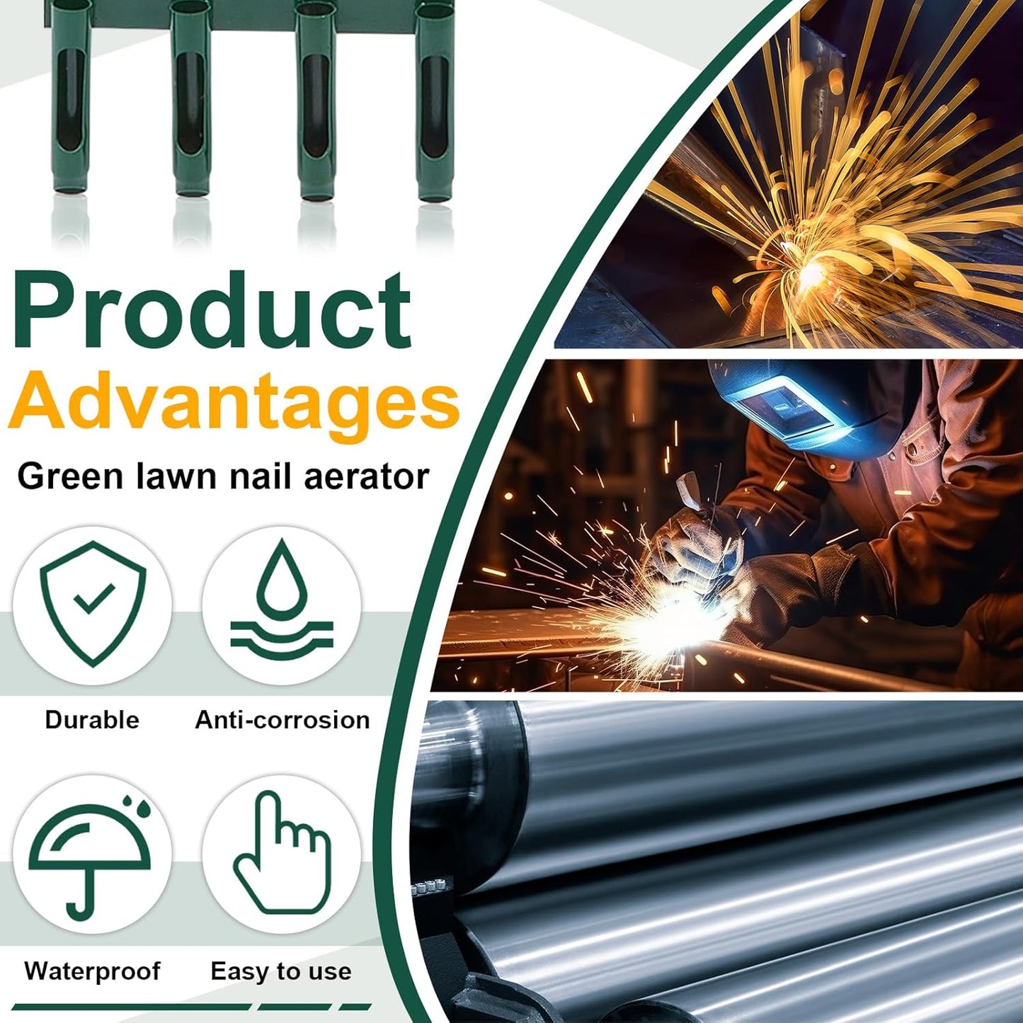 Lasnten Lawn Aerator Tool 42 Inch Manual Core Plug Aerator with 4 Slope Top Half Open Slot Hollow Tines Heavy Duty Plug Core Aerator for Soils Yard Garden, Green